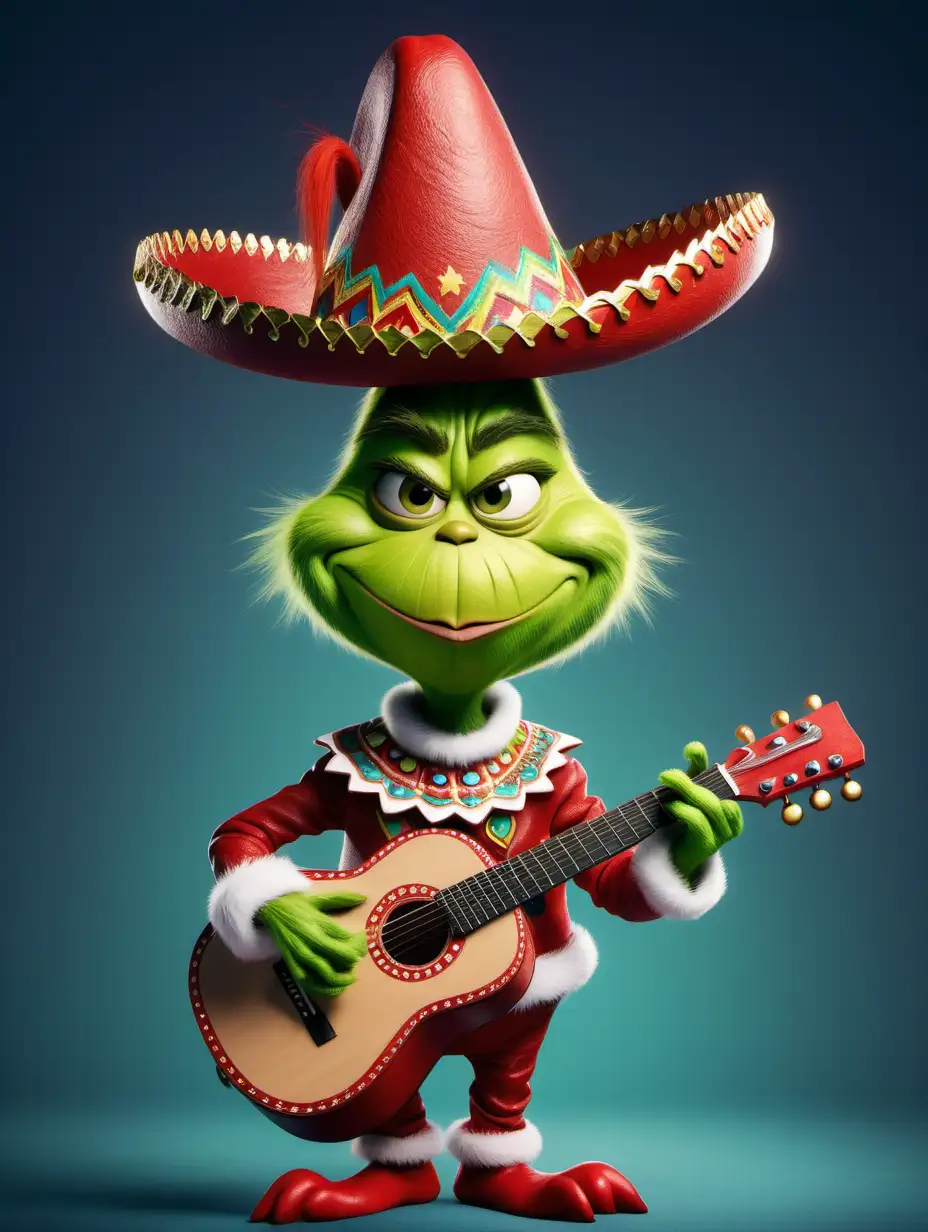 grinch cute face with guitar dressed like a mariachi, sombrero 