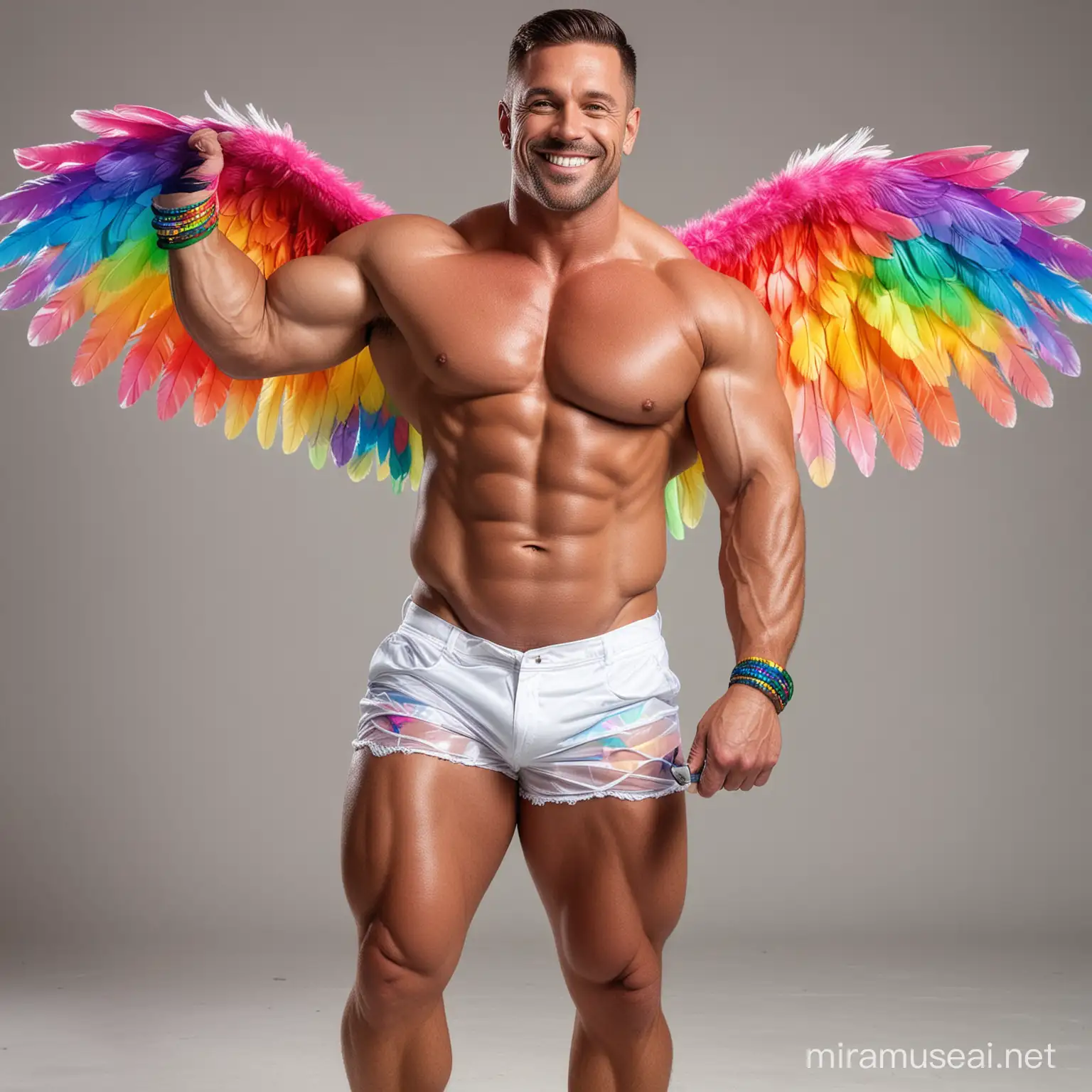 Full Body to feet Topless 30s Ultra Chunky IFBB Bodybuilder Daddy with Great Smile wearing Multi-Highlighter Bright Rainbow with white Coloured See Through Eagle Wings Shoulder Jacket Short shorts left arm up Flexing