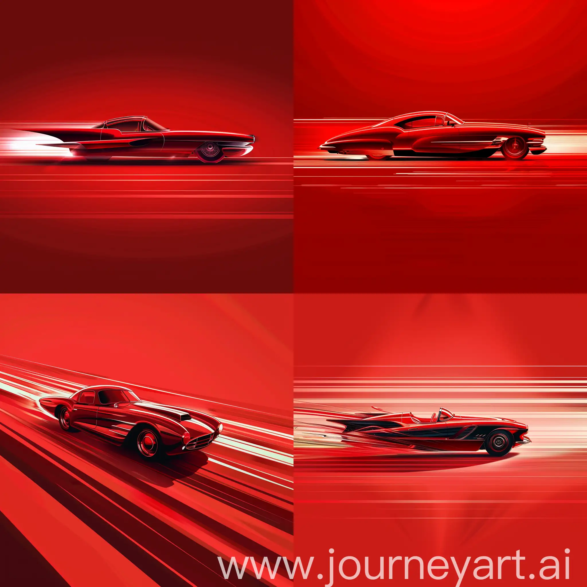 extremely minimalist, vector graphic made of flat solid shapes with gradients and sharp highlights, of a fantastical pared down 1950s red race car speeding so fast on a field of all red the it appears to melt, racing, motion lines, red on red plus chrome, using form and void to convey motion, speed, glints of light, stylized chic and graphic, uplighting, rim lighting, reflection, cast shadow, inner glow, neon glow, blur