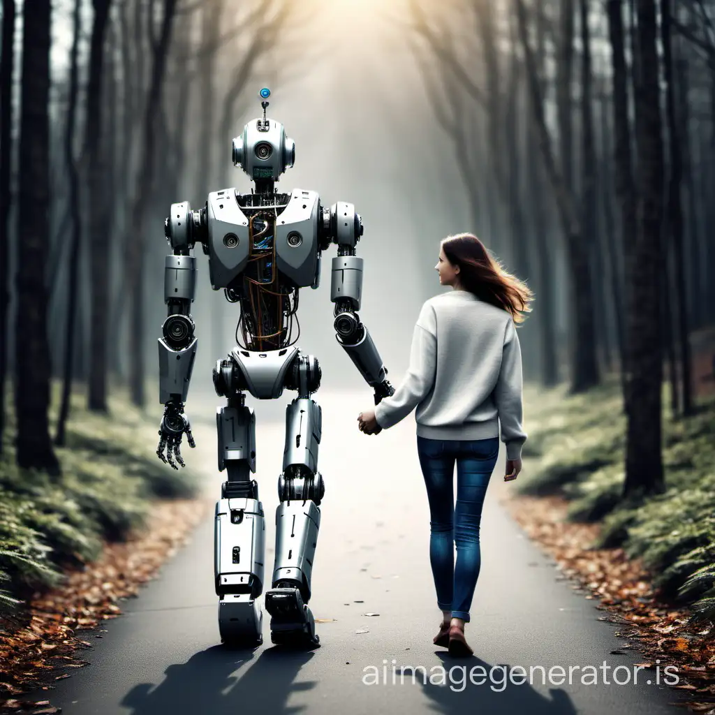 create a picture of a  person walking hand in hand with a robot