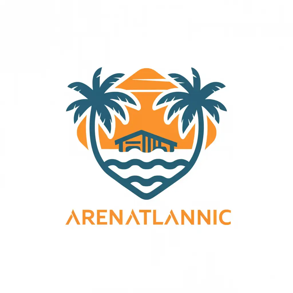 a logo design,with the text "Arenatlantic", main symbol:House, beach, sun plam,Moderate,be used in Travel industry,clear background