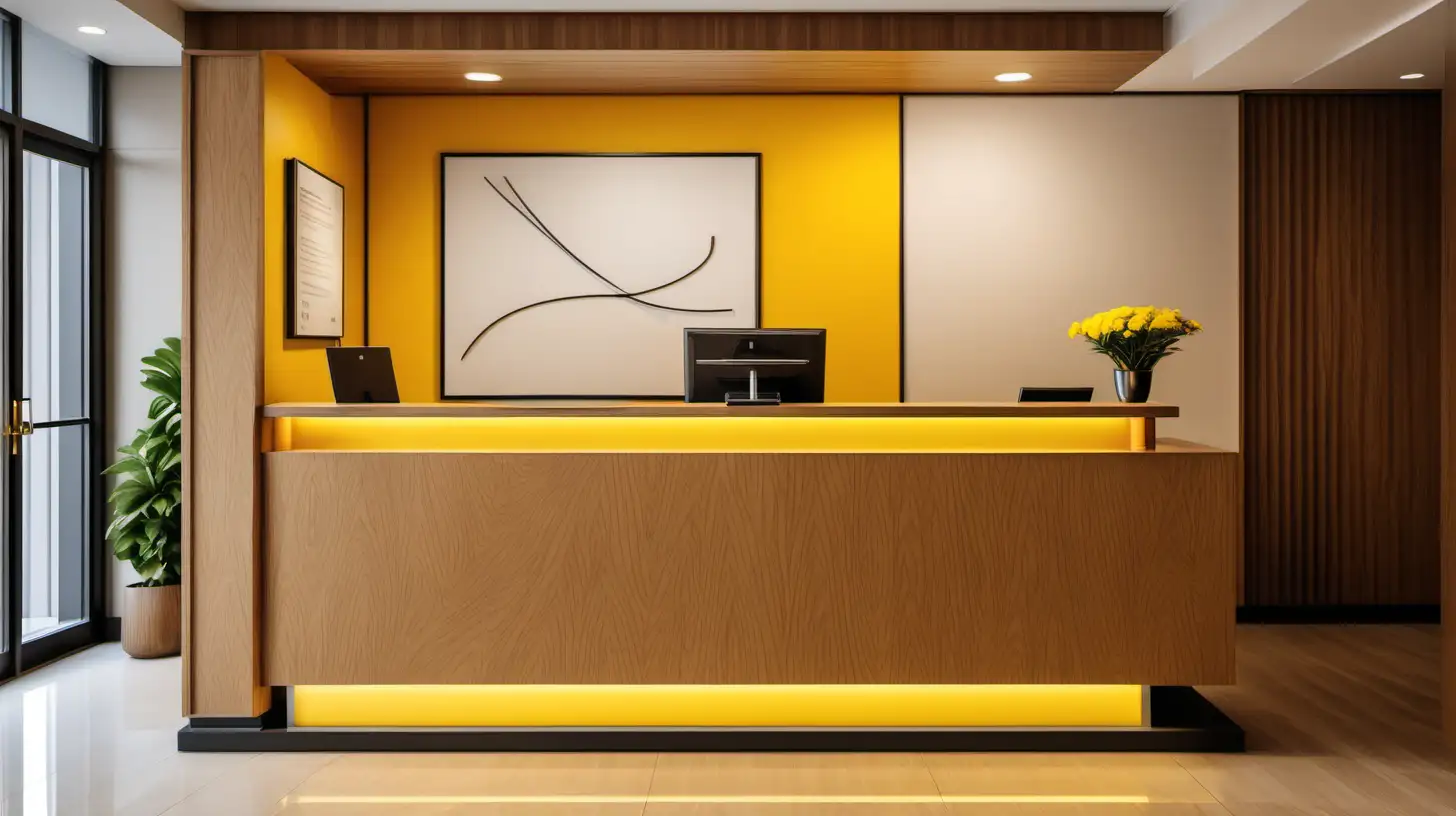 A hotel reception area with a standing check-in counter, minimalist in style with warm feeling using bright colored wood material with an accent of lemon bright yellow