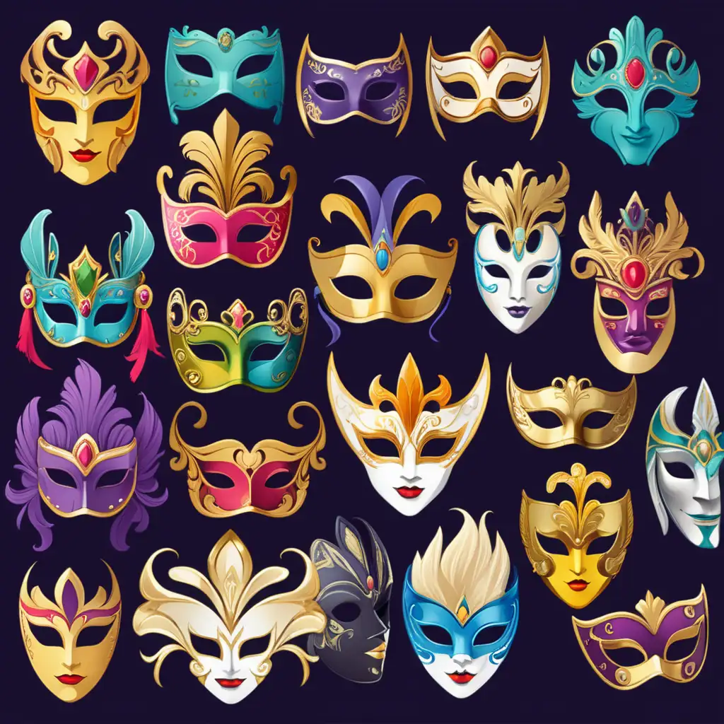 Vibrant Masquerade Cartoon Masks in a Kaleidoscope of Colors