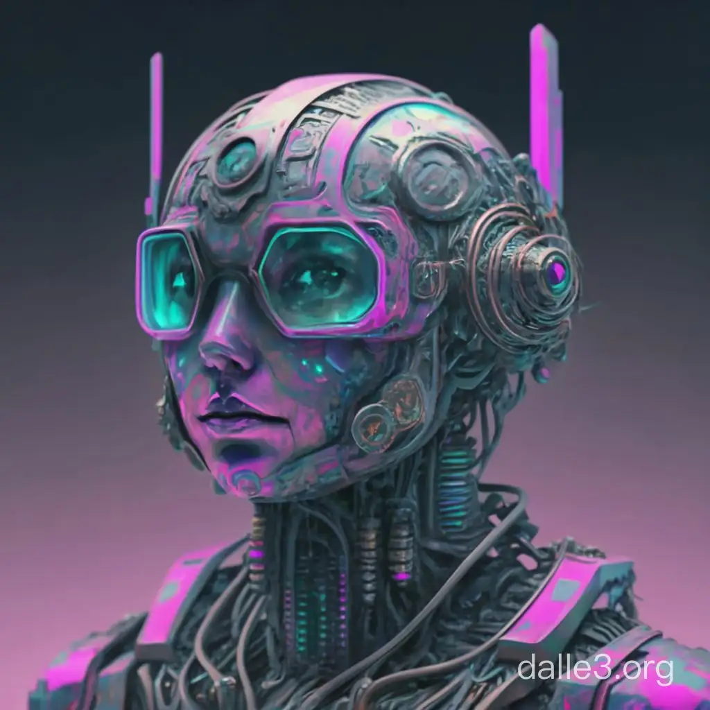 робот в ярких розовых, фиолетовых и синих оттенках в стиле киберпанка