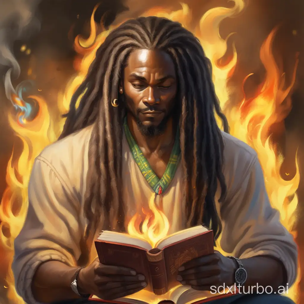 African man, long rasta hair, handsome, circled by fire, reading a book with a smirk.