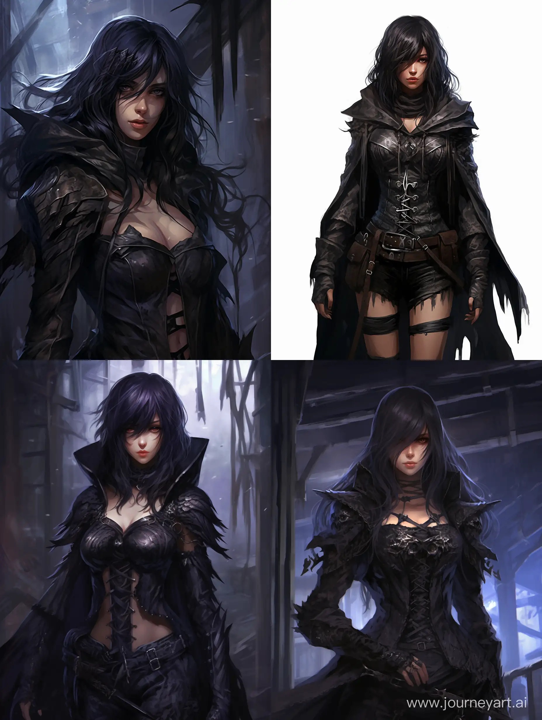 A full body portrait, anime, fantasy based, of a female elf sorcerer with black shoulder length hair, violet eyes, pale skin with freckles, seductive expression, a small scar in the right side of her neck, wearing full black, a two piece black leather clothing covered by a hooded black cloak that is closed with a round pin of a raven, also wearing high black leather boots. Jennefer de Vengerber from The Witcher 3 videogame style