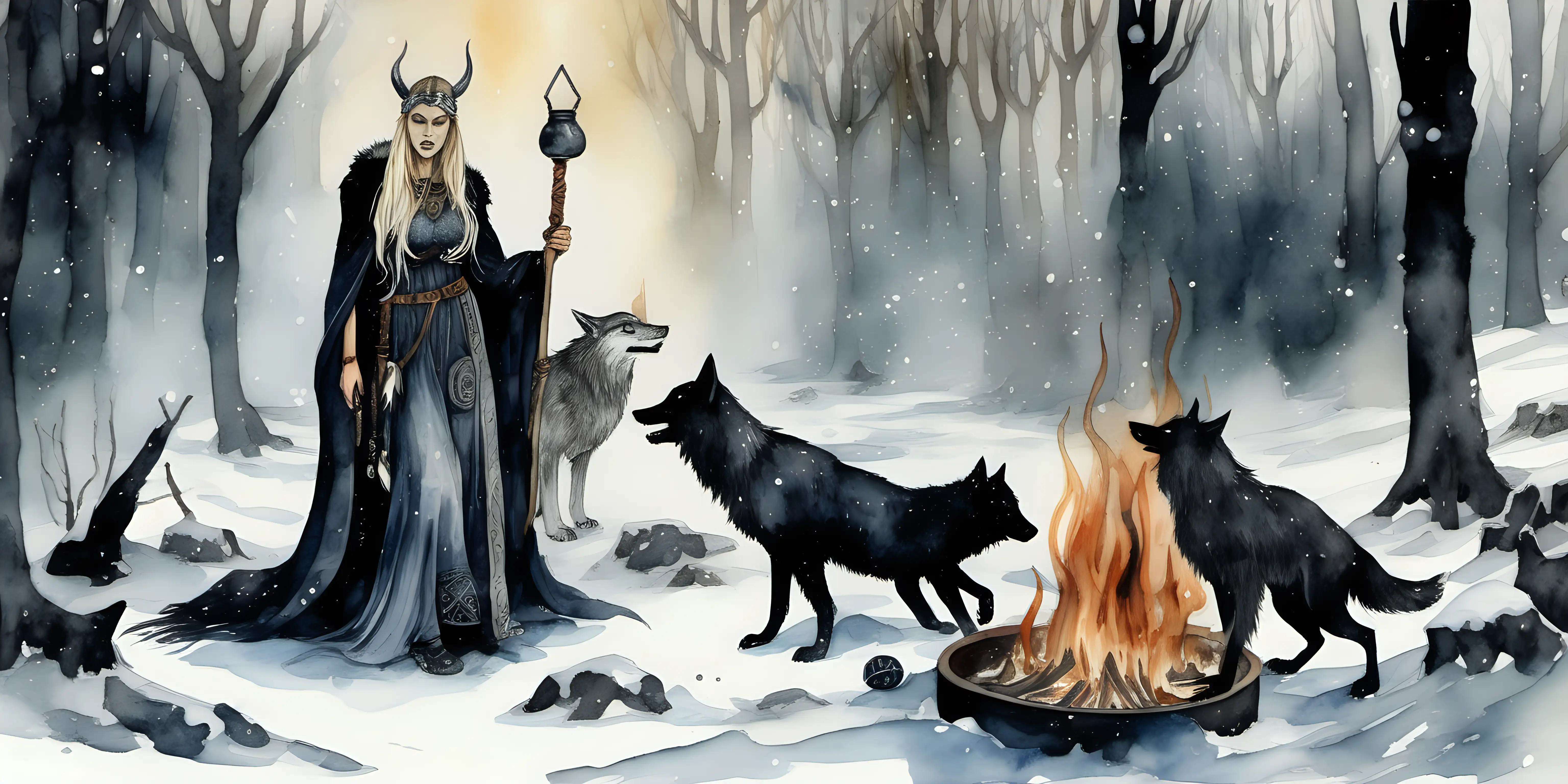 Viking Sorceress Watercolor Painting with Silver Wolves in Ancient Forest