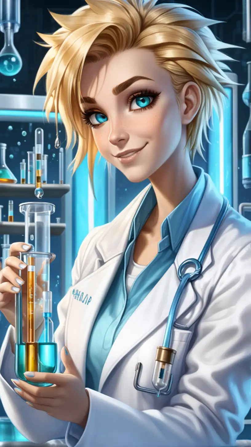 Joyful Female Scientist in Futuristic Blue Laboratory Holding Test Tube