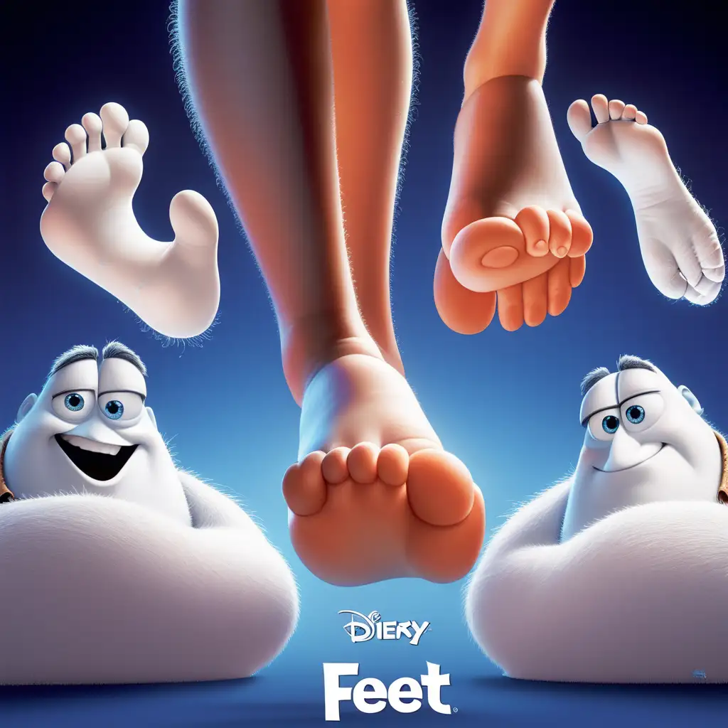 a Pixar movie poster, the movie is called "feet", adult feet with thick white glue on them