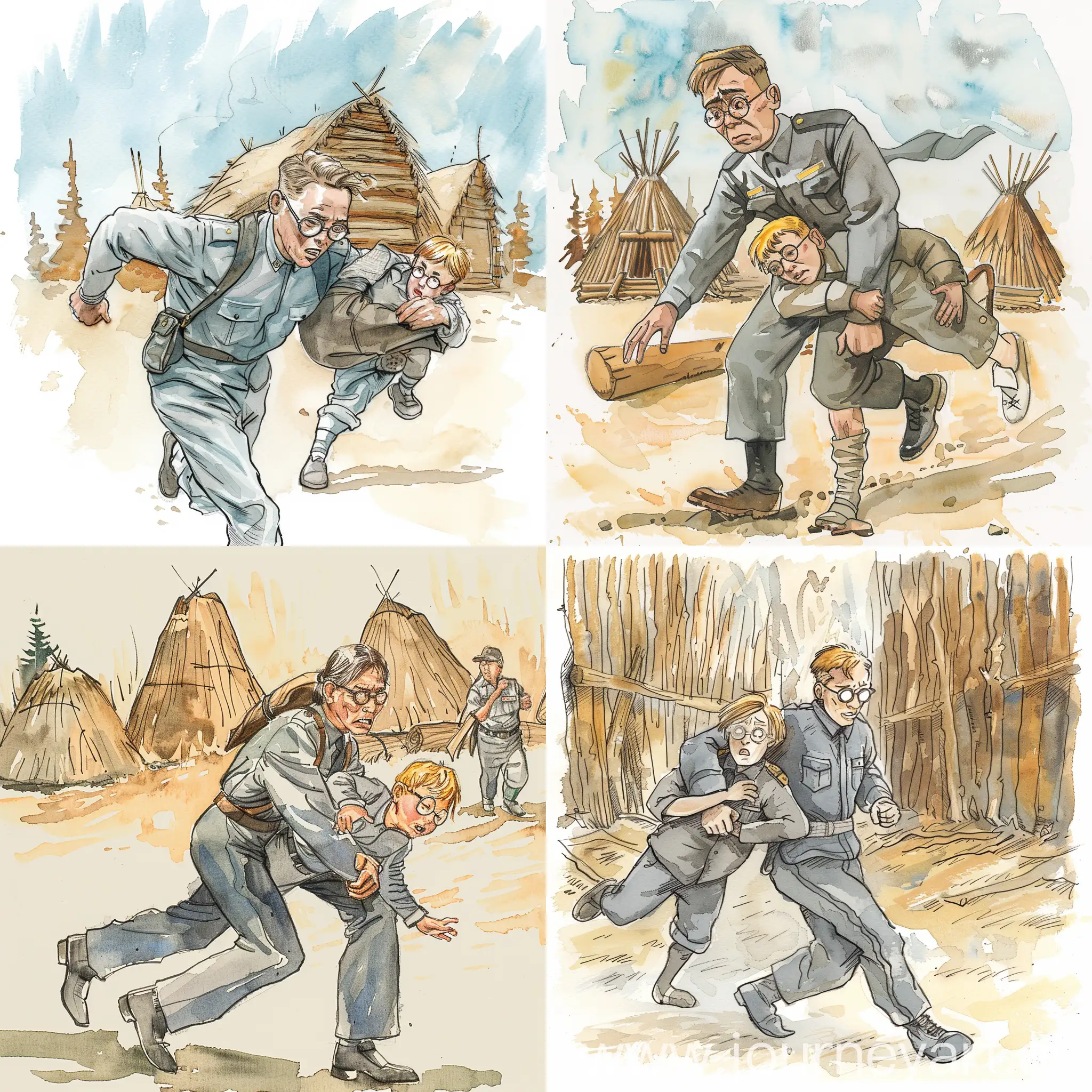 Hand drawn watercolor and ink illustration, emphasis on fear, young Native American, indian man running and carrying a boy 13 years old, blond hair, round glasses, sleeping, in gray uniform, background bark lodges, and Native American people