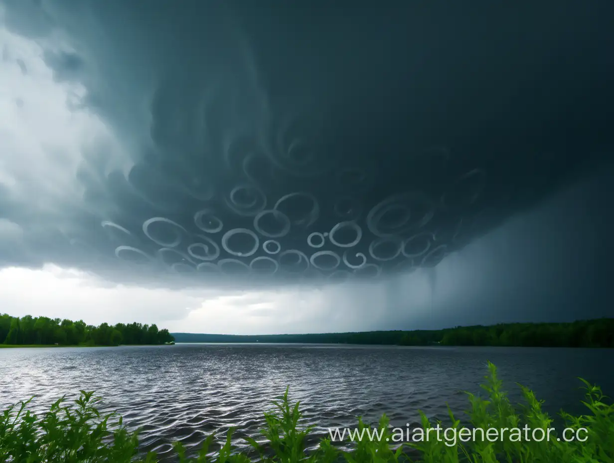 the water spirals up from the lake into the sky against the background of rain 