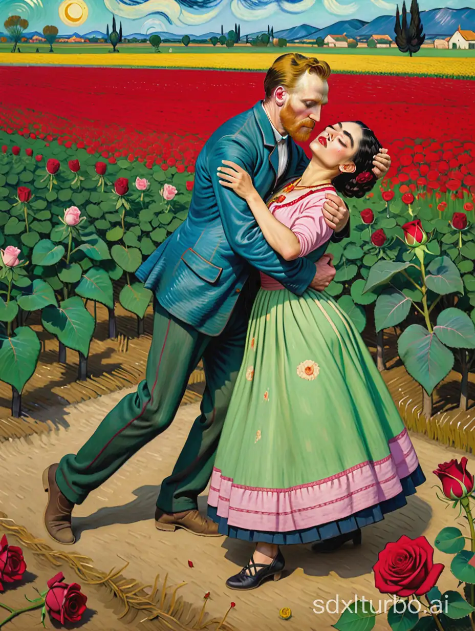 
painting by van gogh about "Vincent van gogh and frida kahlo dancing on the corpse of a rose in the field, 