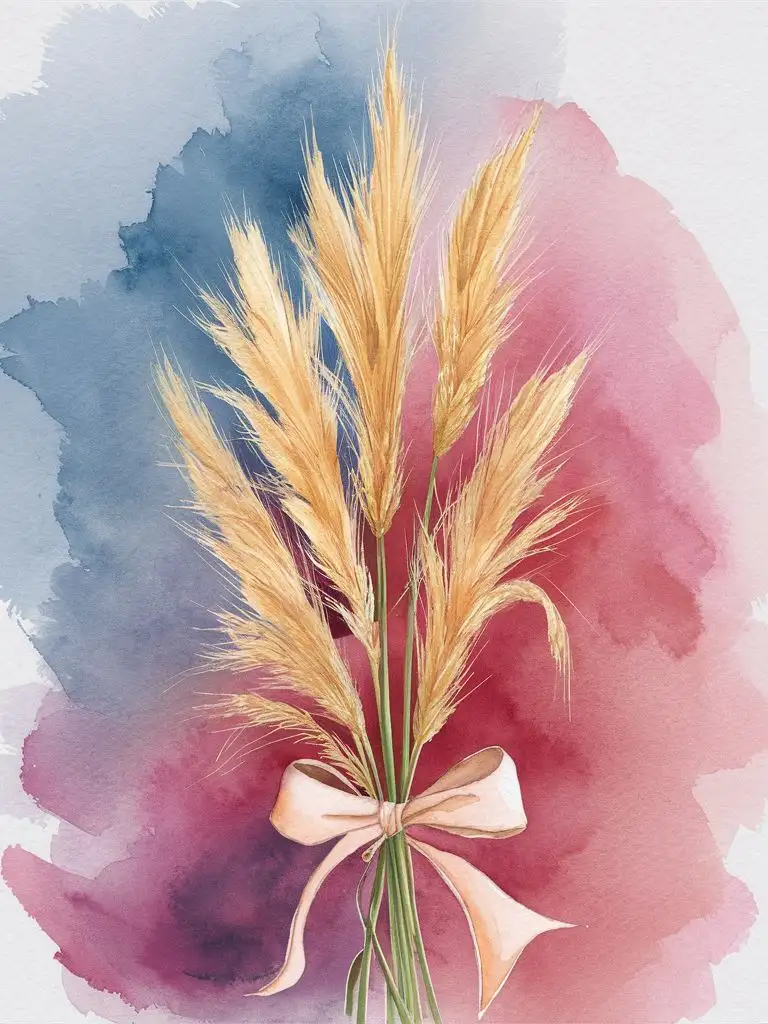 Elegant Watercolor Pampas Grass Adorned with a Delicate Bow