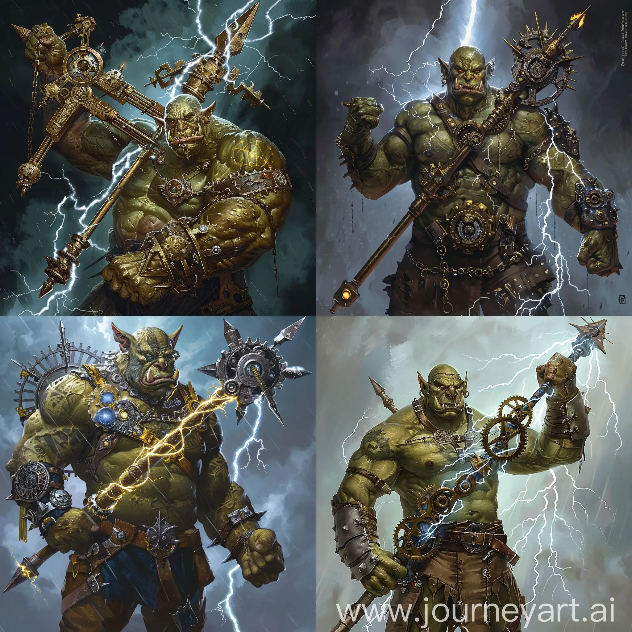 Generate an image of a fantasy inventor Orc warrior with a giant spear made of cogs with lightning. This orc named Grenwald should be flexing his muscles and have an occult background.