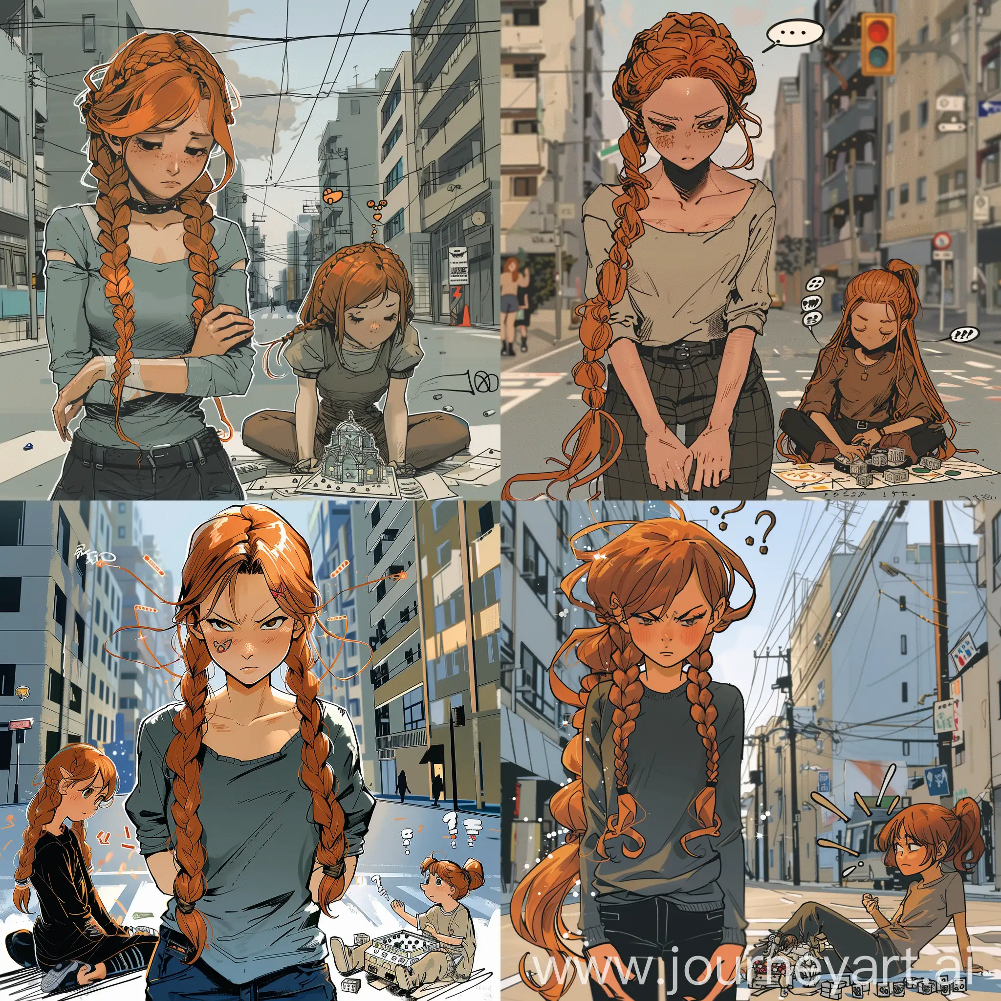 Saturday Afternoon Anime Stle. Colorful and vibrant. A young 25 year old woman, attractive, with ginger hair in long double braids. She is the main focus of the image. She is standing bored looking at her nails, not angry. She is waiting for her friend to finish. She is standing on a street corner in a city. Second character, more bronze colored hair, less detail, black and white, more line drawn, is sitting in a goofy way on the ground playing dungeons and dragons by herself, rolling dice.There are dungeon guides sitting next to her. She has "emotion" marks coming out of her head like a comic/anime. She is goofy happy. It is clear that the first character is the main character and is bored waiting for the second character to finish