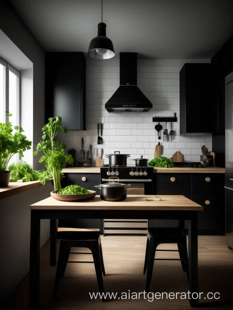 Кухня, вид спереди, сзади кухонный гарнитур с плитой, спереди темный стол, на столе лежит немного петрушки