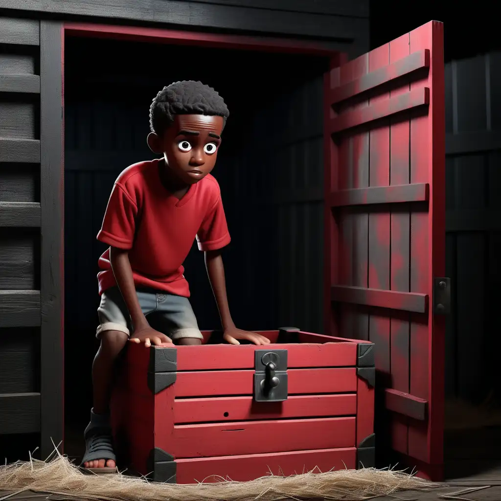 create an image of black boy looking in old wooden footlocker in a dark shed with red shirt on