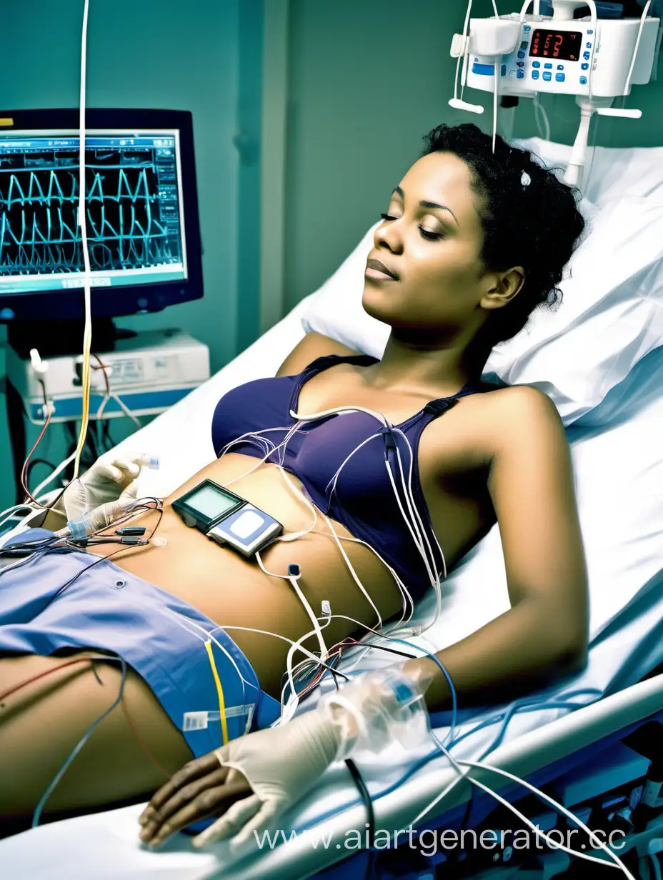 Young Adult woman lying in a medical bed. She is wearing a bra. Heart monitor electrodes are connected to her chest to monitor her heart. She is connected to many medical devices with wires and tubes, including an EKG and a urinary catheter. The catheter is important, it is connected to a drainage bag. She has an average body