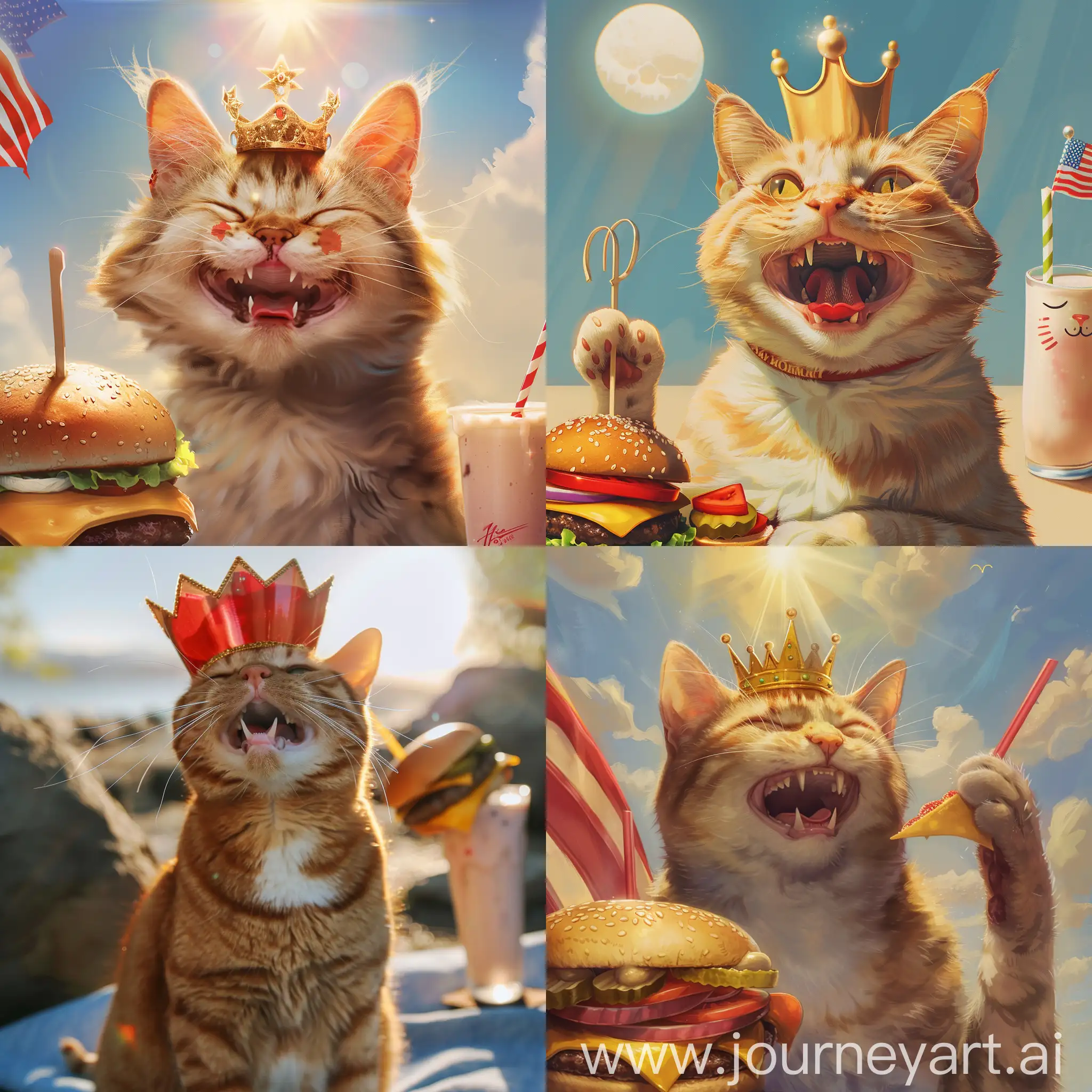 a cat, in the sun, wearing a crown, smiling, from america, enjoying a cheeseburger, enjoying a milkshake