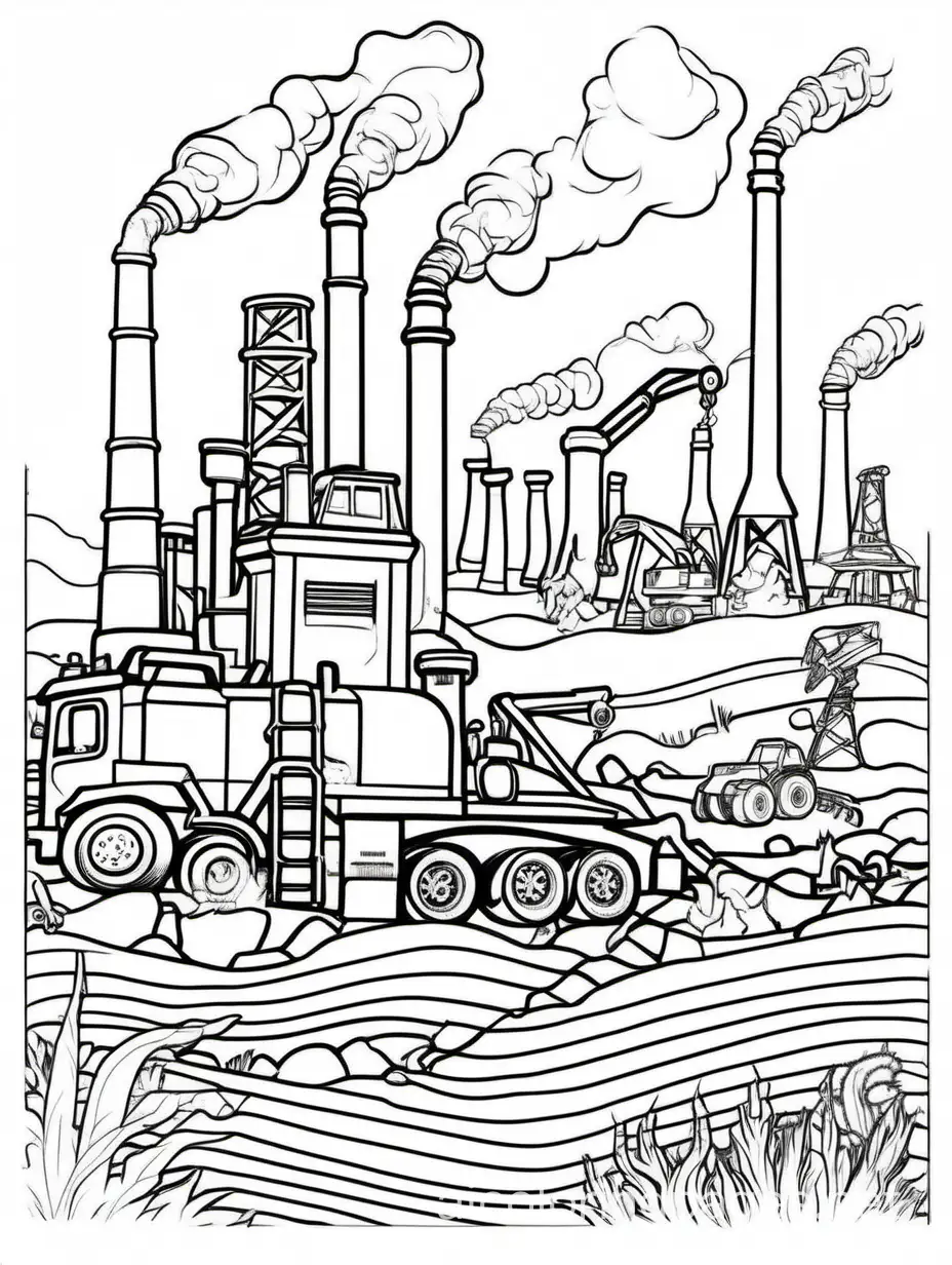 fossil fuels, coloring book style page, white background, Coloring Page, black and white, line art, white background, Simplicity, Ample White Space. The background of the coloring page is plain white to make it easy for young children to color within the lines. The outlines of all the subjects are easy to distinguish, making it simple for kids to color without too much difficulty