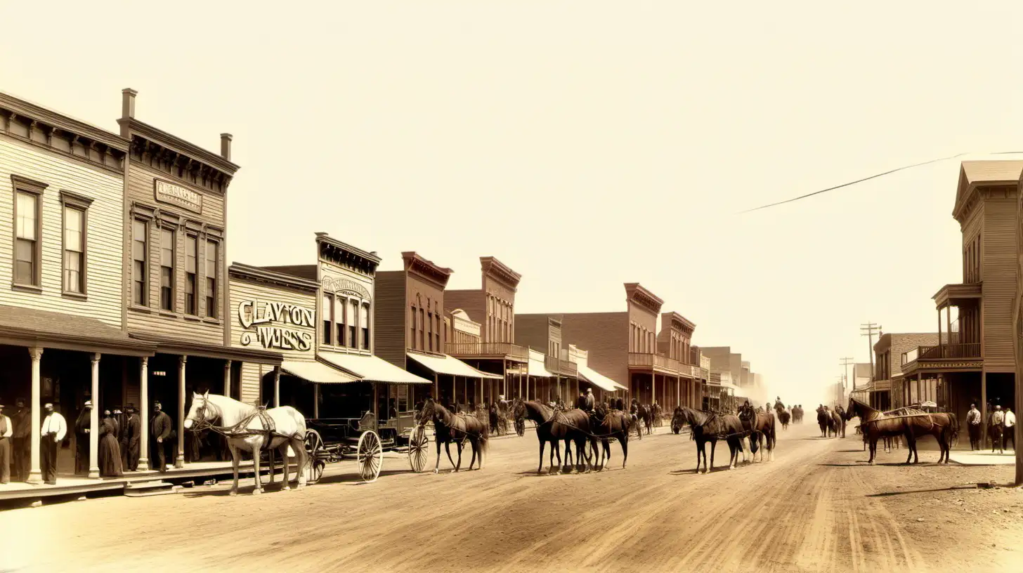 1890's, US old west town, long main street with many stores and a lot of people walking, carriages and horses, store with sign "Clayton 