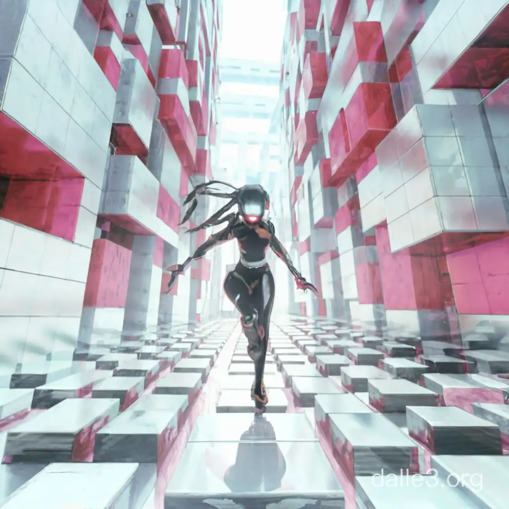 cinematic scene of a ninja woman running through an abstract world of cubes in the style of K-on!, futuristic city inspired by mirror's edge