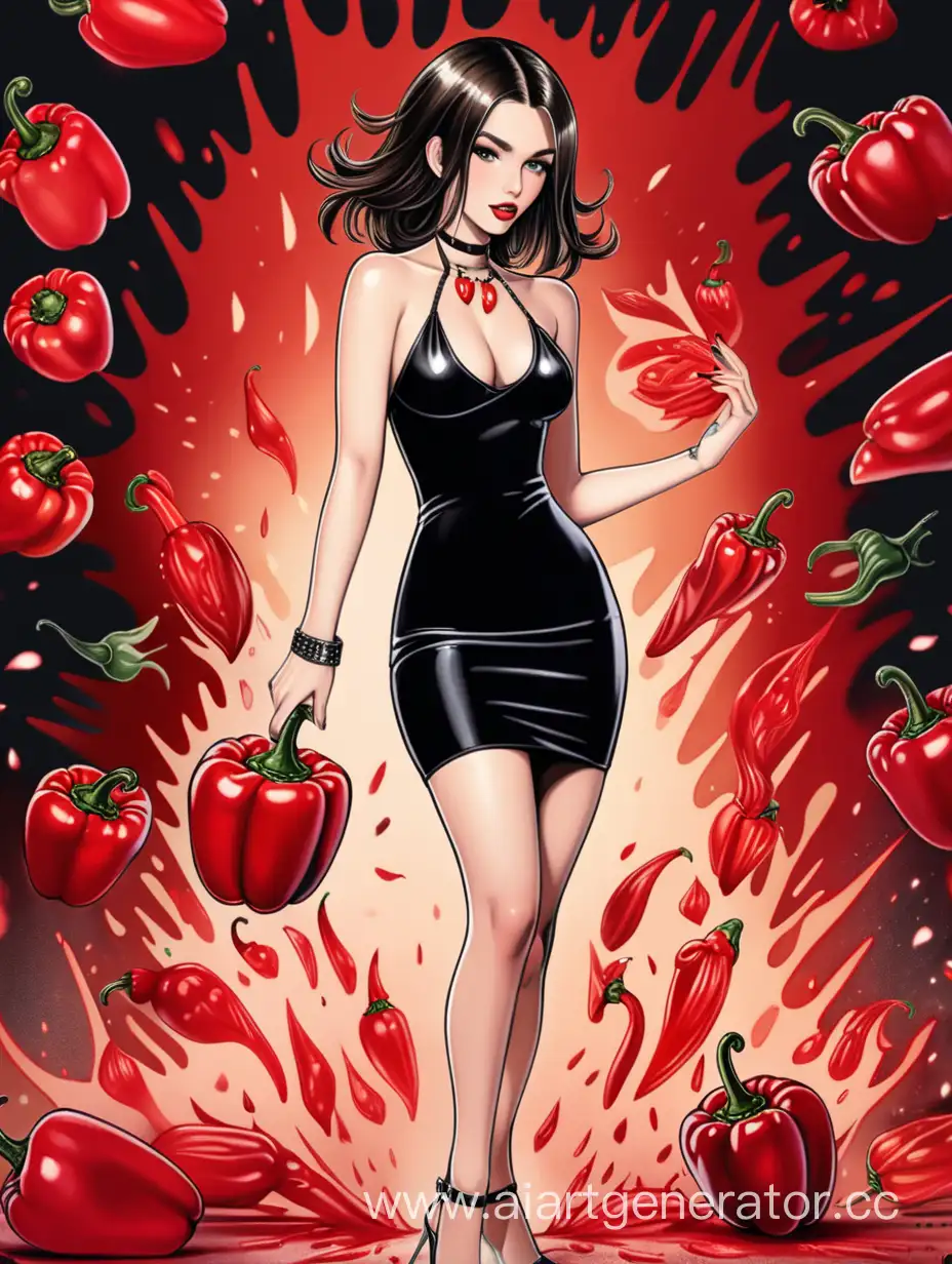 сексуальная девушка, брюнетка, в маленьком черном платье с рисунком красного перца, с чокером, на высоких каблуках, в полный рост, с татуировкой, на фоне взрыва от огромного красного перца