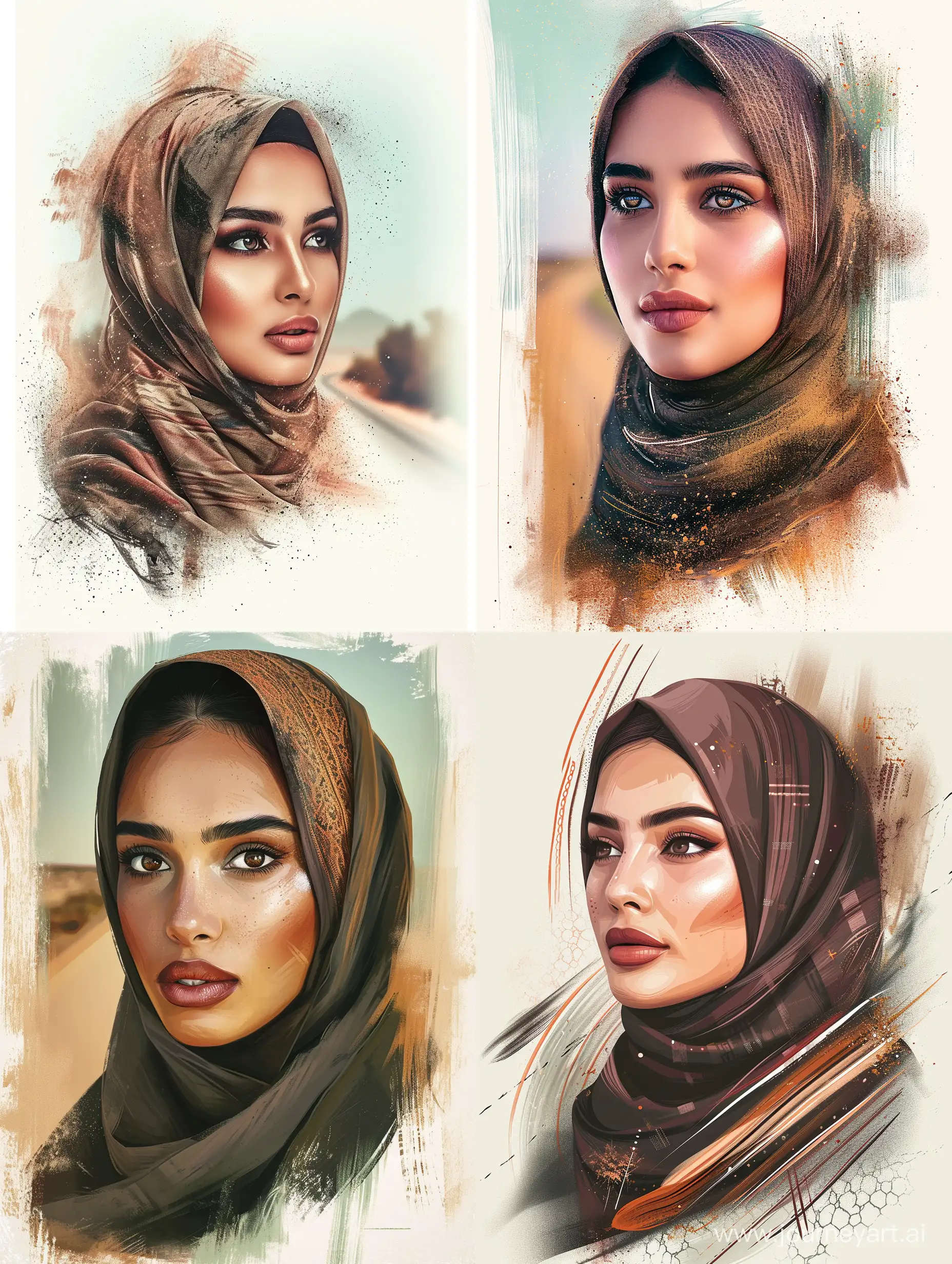 Create a captivating and realistic portrait of a young woman wearing a hijab, who is a cosmetic model in mid-journey. The woman should be portrayed in a way that emphasizes her beauty and grace, while also showcasing the elegance of her hijab. Her face should be the main focus, with particular attention paid to her eyes, which should be expressive and engaging. The makeup on her face should be tastefully applied, highlighting her features and complementing her skin tone. The makeup should be from a range of cosmetic products, including but not limited to, foundation, eyeliner, mascara, blush, and lipstick. The skincare products she uses should also be subtly hinted at, perhaps through the glow of her skin or the freshness of her complexion. The design should convey the message that these products enhance her natural beauty rather than define it. The hijab she wears should be stylish and modern, reflecting her personal style and the fashion-forward nature of the brand she represents. The color and pattern of the hijab can be chosen to complement the makeup colors and the overall color scheme of the design. The background should be minimalist, ensuring that the focus remains on the woman and the products she represents. However, it can contain subtle elements that hint at her journey, such as a road or path, or symbols that represent growth and progress. The overall design should be vibrant and appealing, with a balance between realism and artistic interpretation. It should celebrate the diversity and beauty of Muslim women, and promote the cosmetic brand in a positive and inclusive manne
