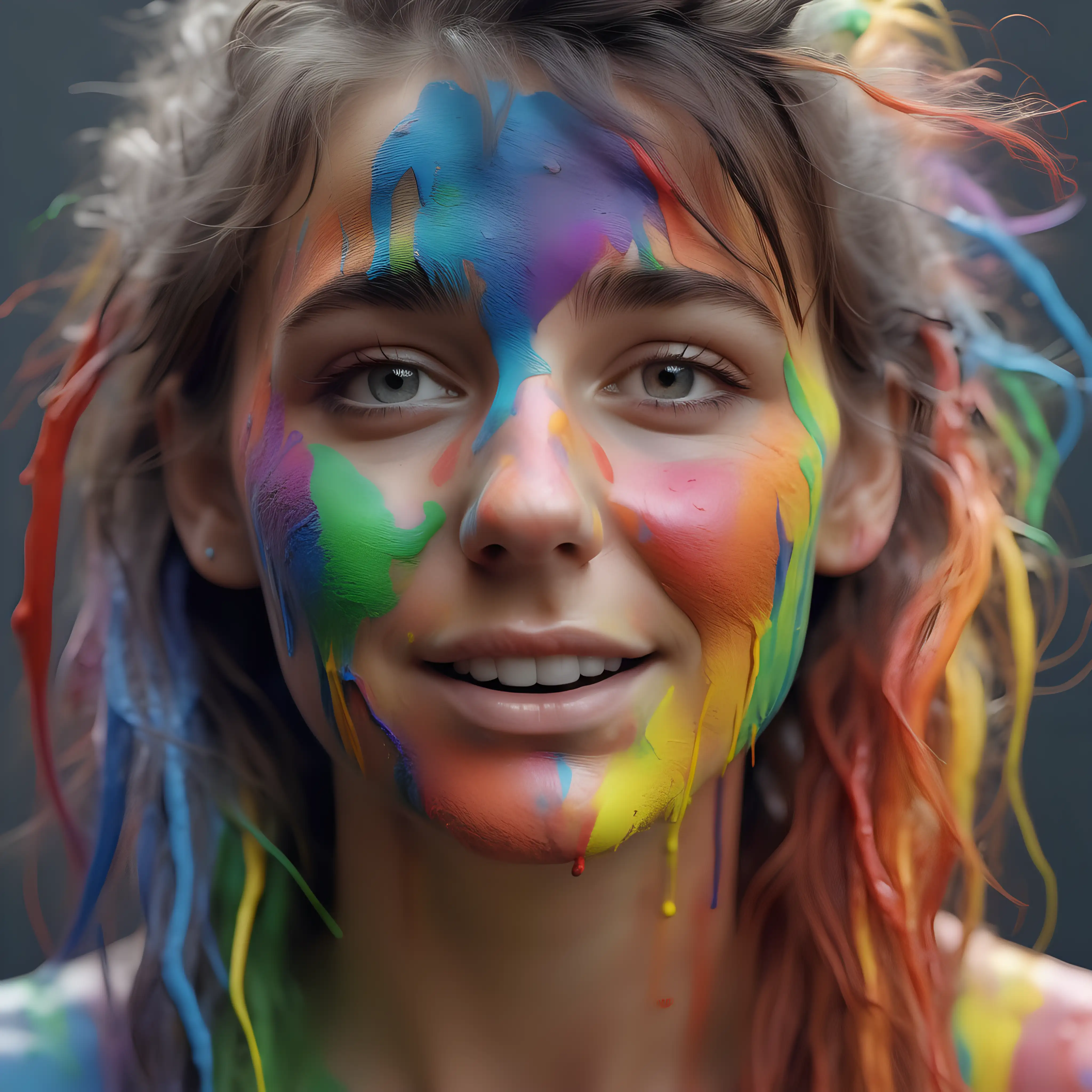 girls face in her 30s with messy hair with rainbow colored paint all over her face in ultra realistic, HD, 8K real life 
