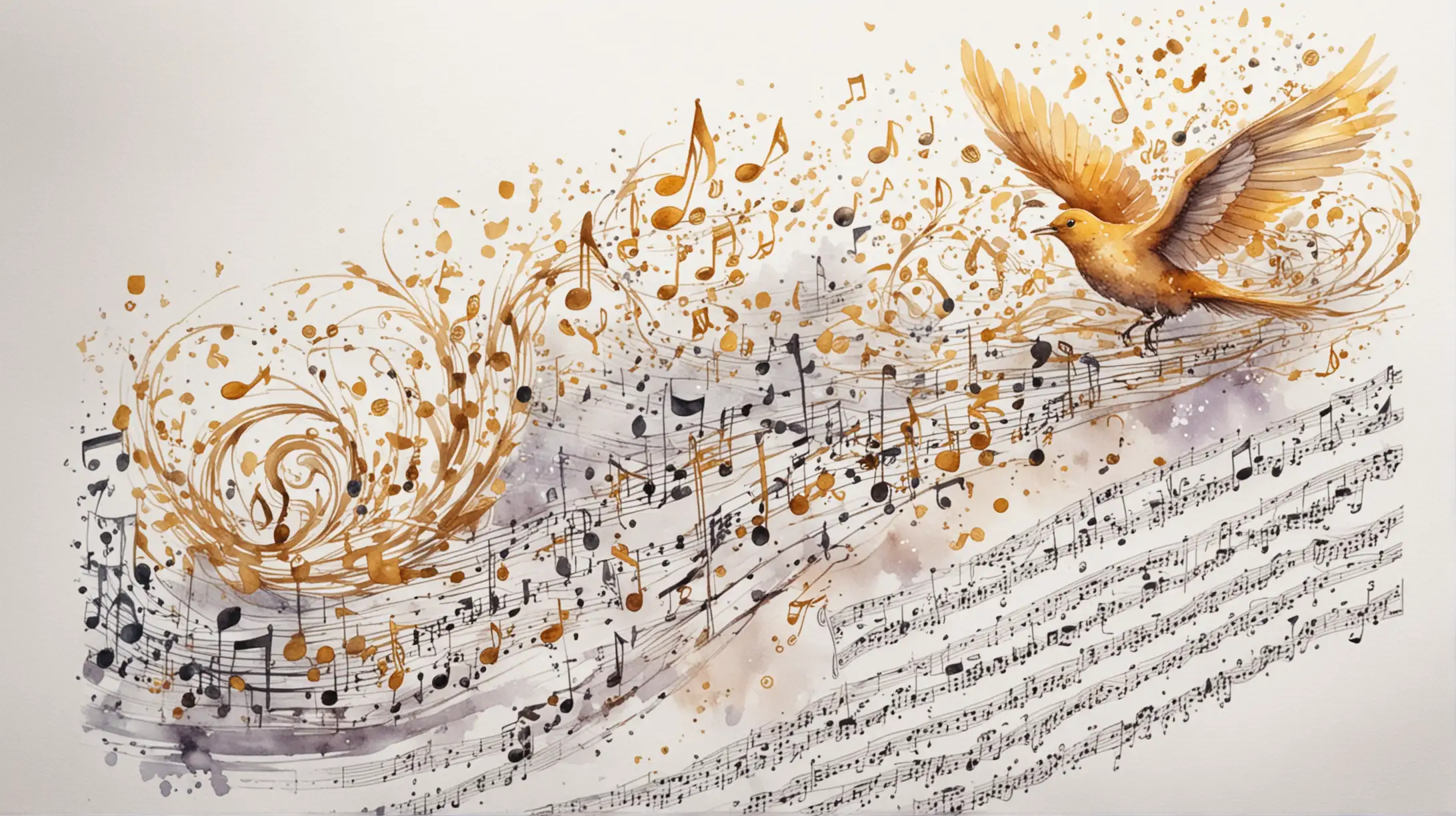 Whimsical Anime Watercolor Curly Sheet Music with Flying Golden Notes
