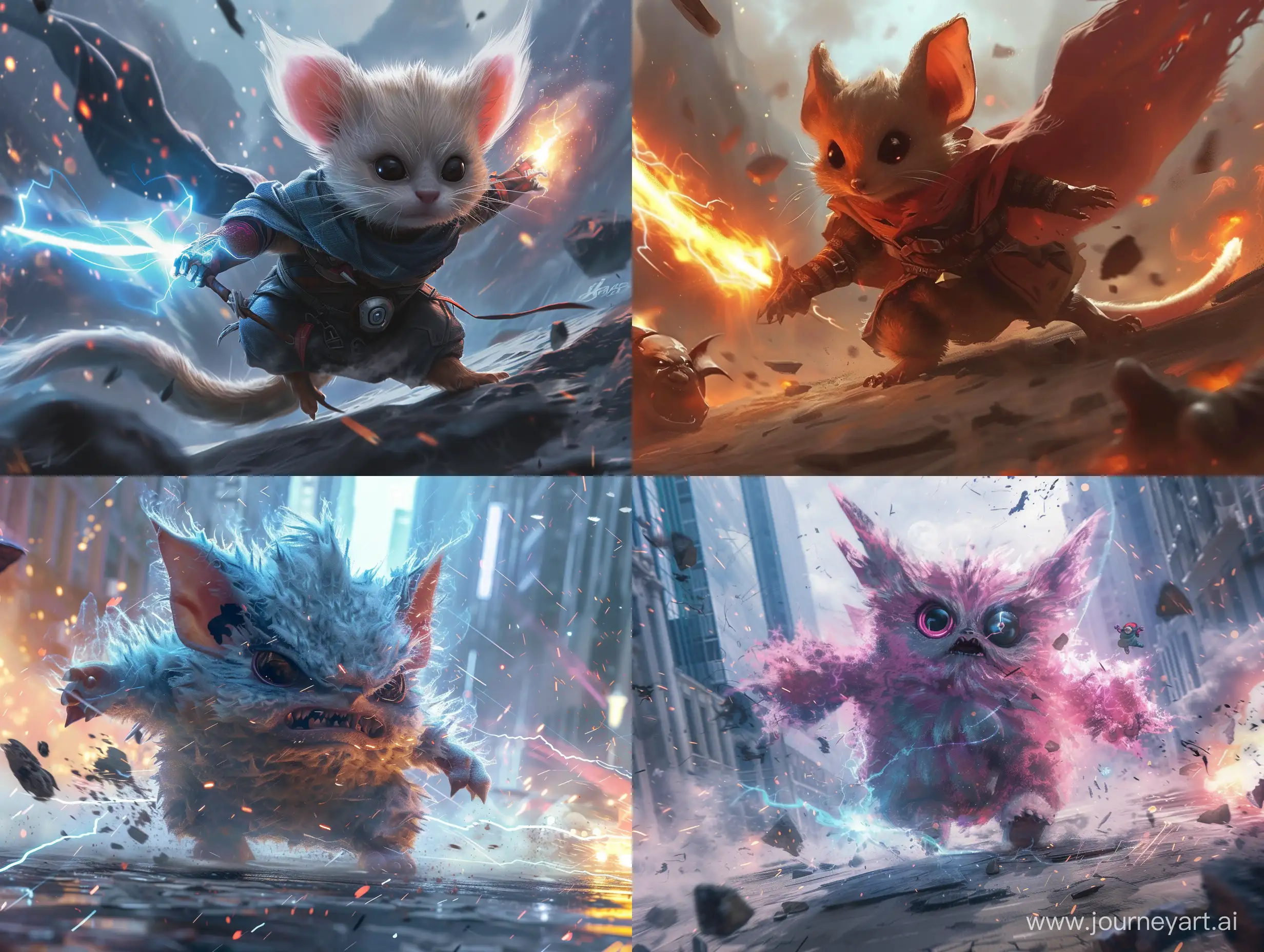 a cute creature with superpowers fighting badass villians, verydetailed, very realistic