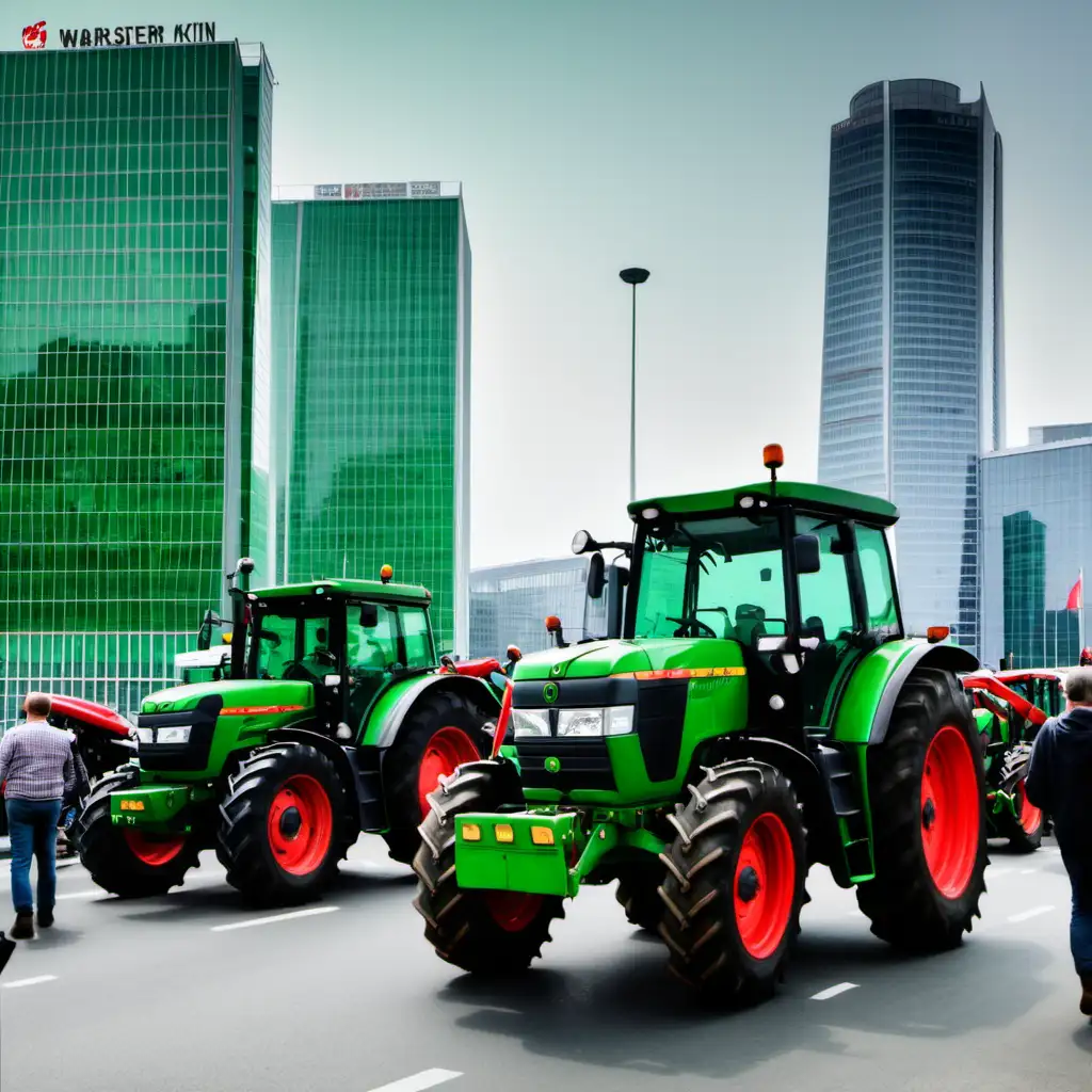 protest rolników w centrum miasta. Kilka traktorów  w tle. z przodu zielony traktor. Z tyłu w tle nowoczesne biurowe budynk i budynek pkin w warszawiei. WIdać kilku rolników chodzących obok traktorów.