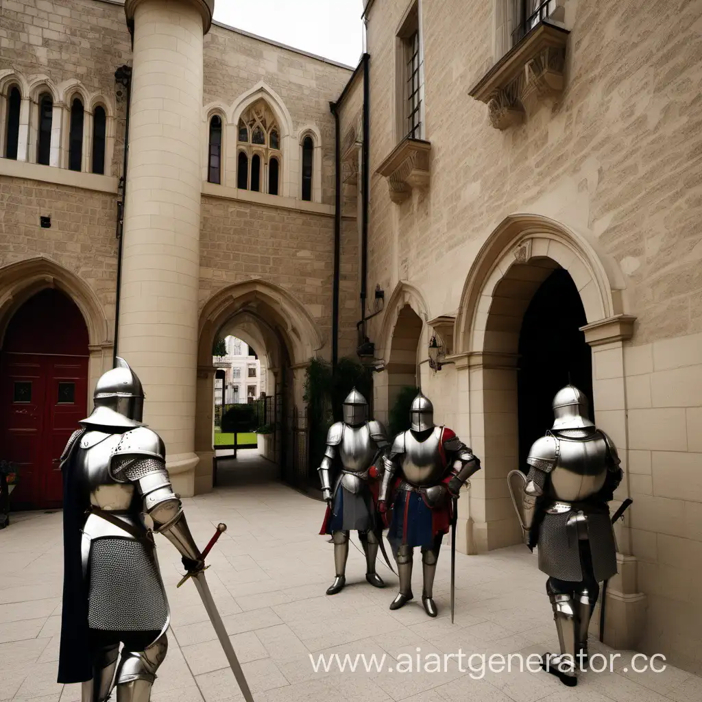 исторические кварталы в современном мире 21 века с рыцарями на входи в здание 