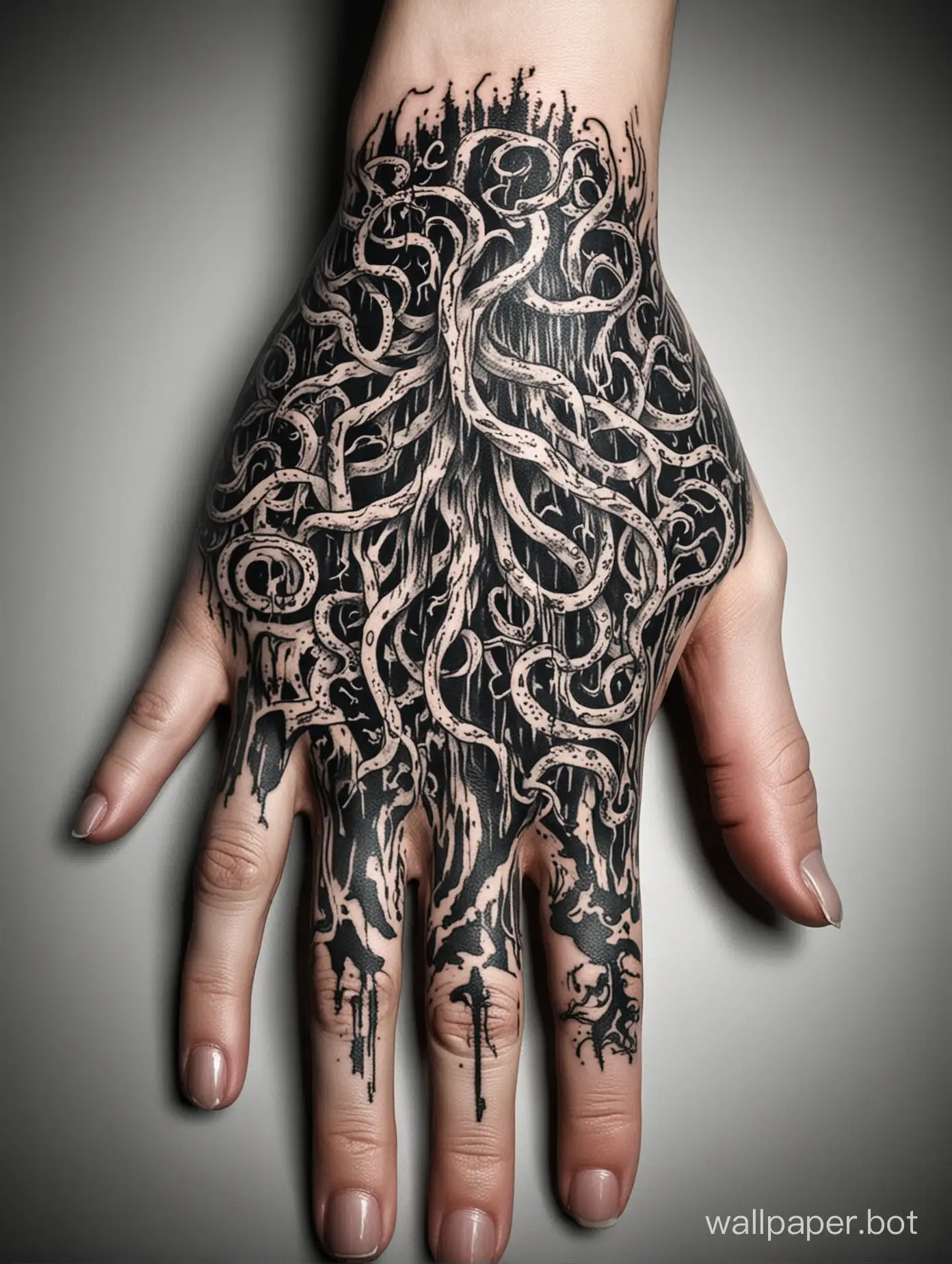 Chaotic-Circular-Ornament-Hand-Tattoo-Design-with-Dripping-Tentacles-and-Lightning-Waves