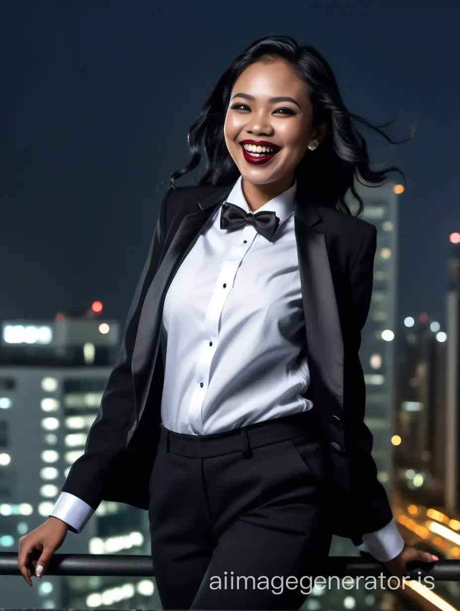 Smiling-Indonesian-Woman-in-Elegant-Tuxedo-and-Top-Hat-Walking-on-Skyscraper-at-Night