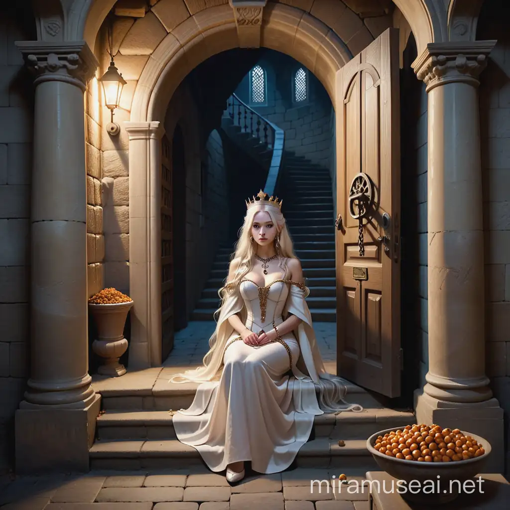 Elegant Queen in Regal Attire at the Foot of a Mysterious Stone Staircase