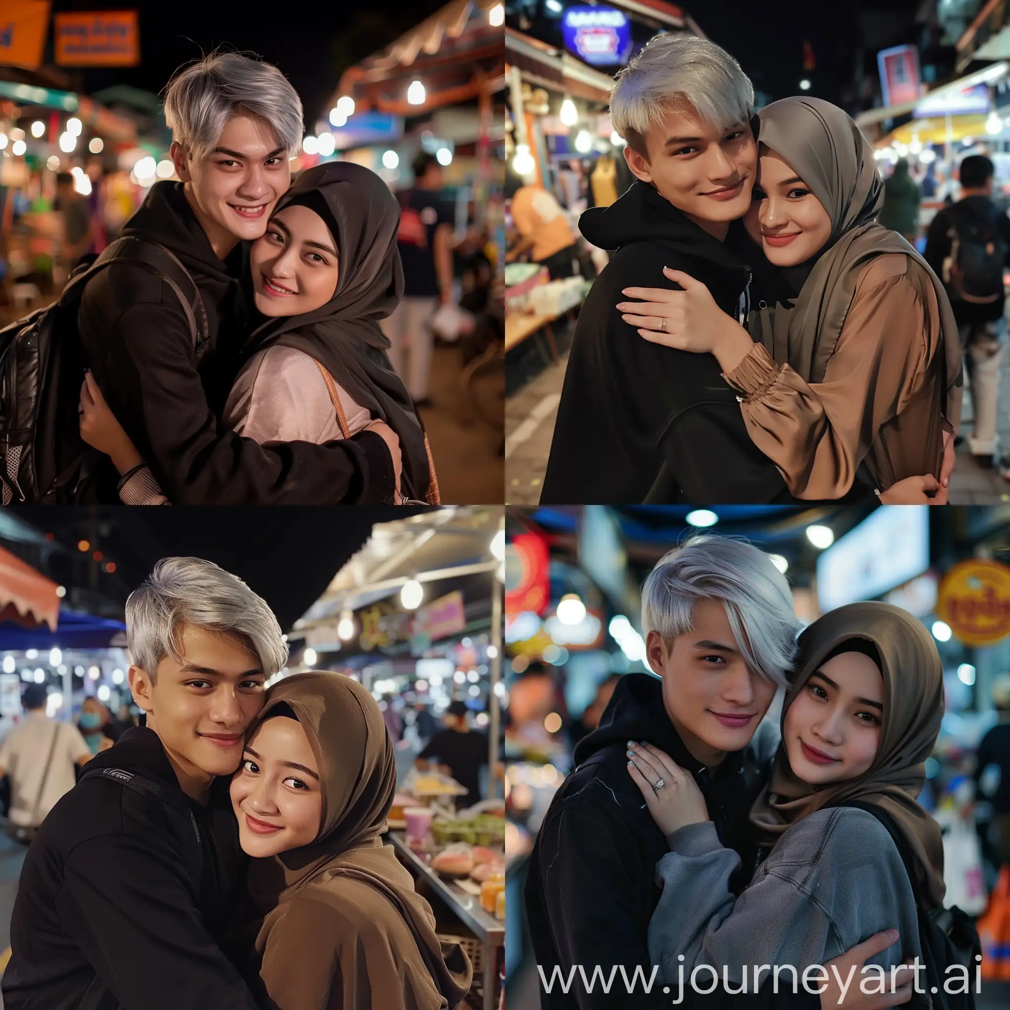 full body  asian couple,handsome boy, silver hair colour ,28 year old wearing black hoddie, and beutiful girl 25 year wearing hijab, hoddie,thailand face,smile expresion,at the night market, the girl hugg the boy,realistic photo,HD Ultra,visible face