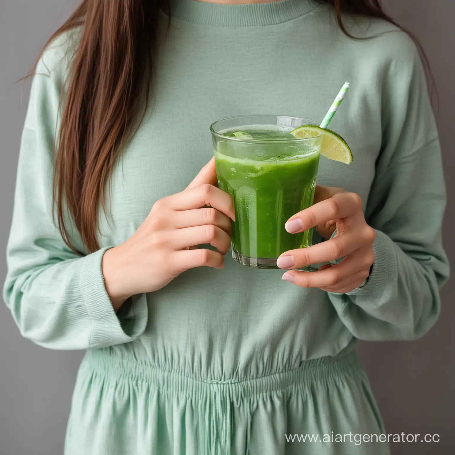 девущка в руке держит зеленый со сликами напиток здоровый образ жизни