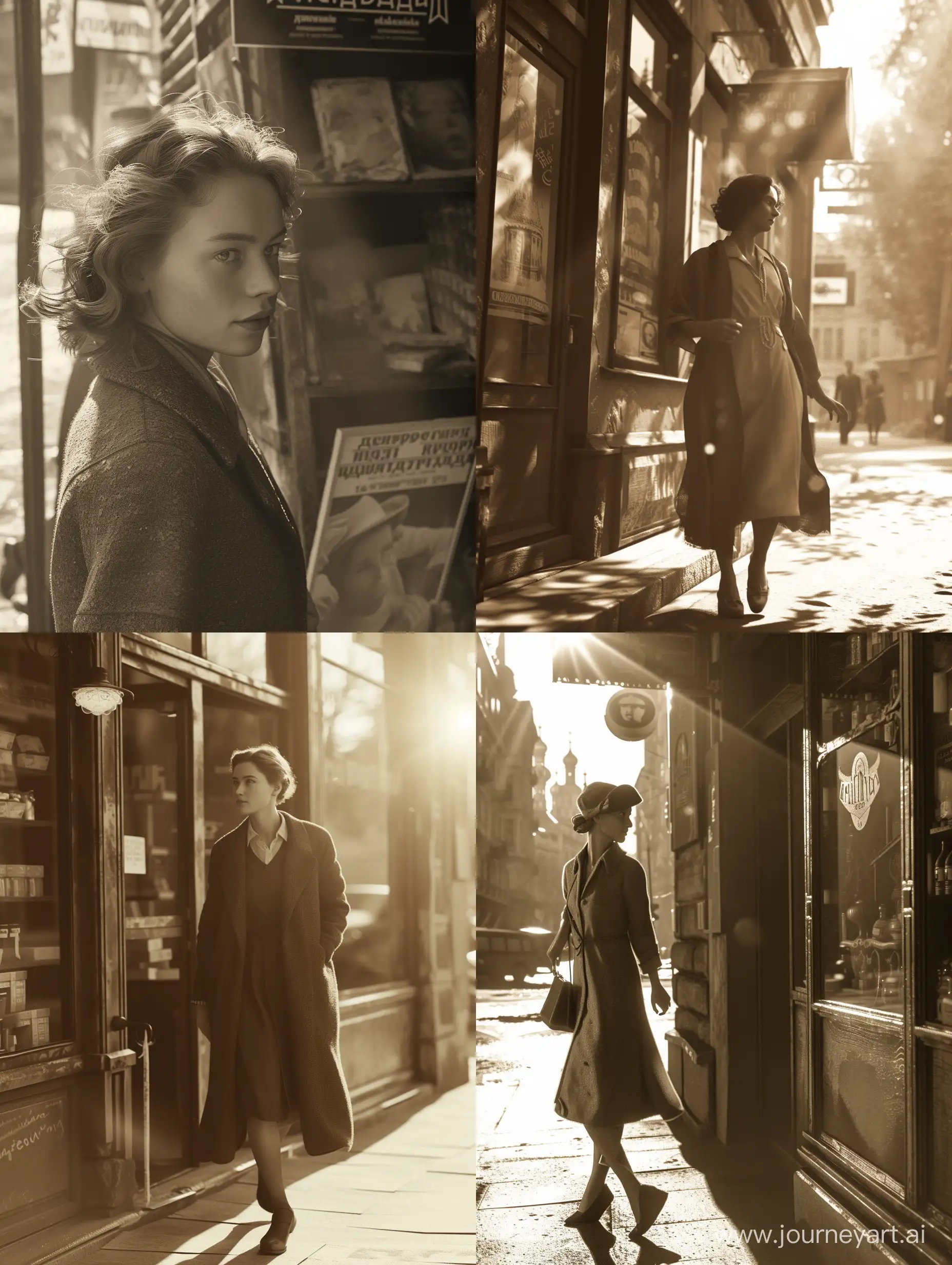 Moscow street in 1930-s, pretty russian female 
walking from the shop, detail face, high detail,bright voluminous sunlight,ultrarealistic,photorealistic,grainy and noisy, sepia,Vray style.deep focus