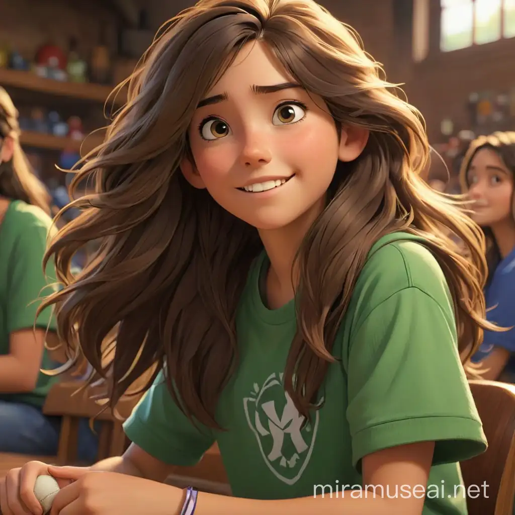 Generate a character prompt about a friendly , smart, long-haired fourteen-year-old girl who enjoys watching sport  in a Pixar-like style.