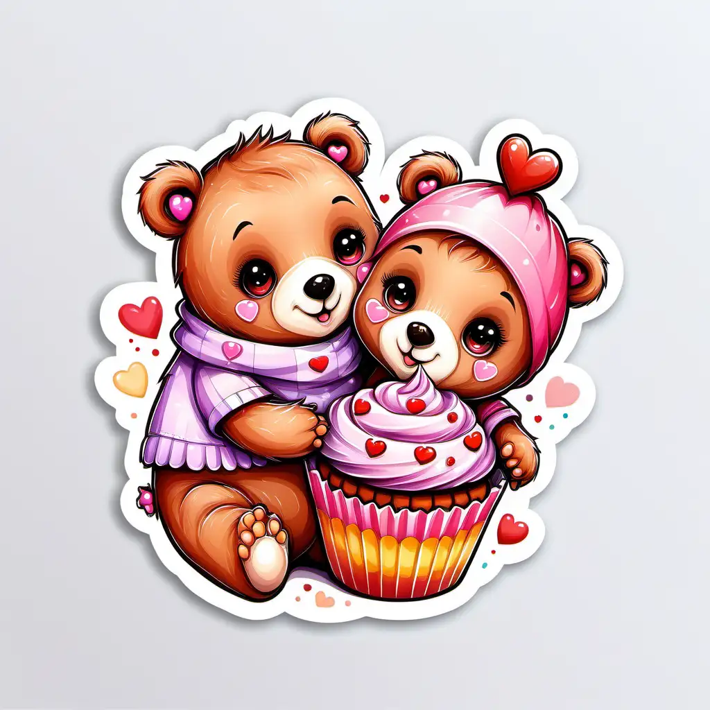 Whimsical Fairytale Cute Couple Baby Bear Sticker on Decorated Cupcake