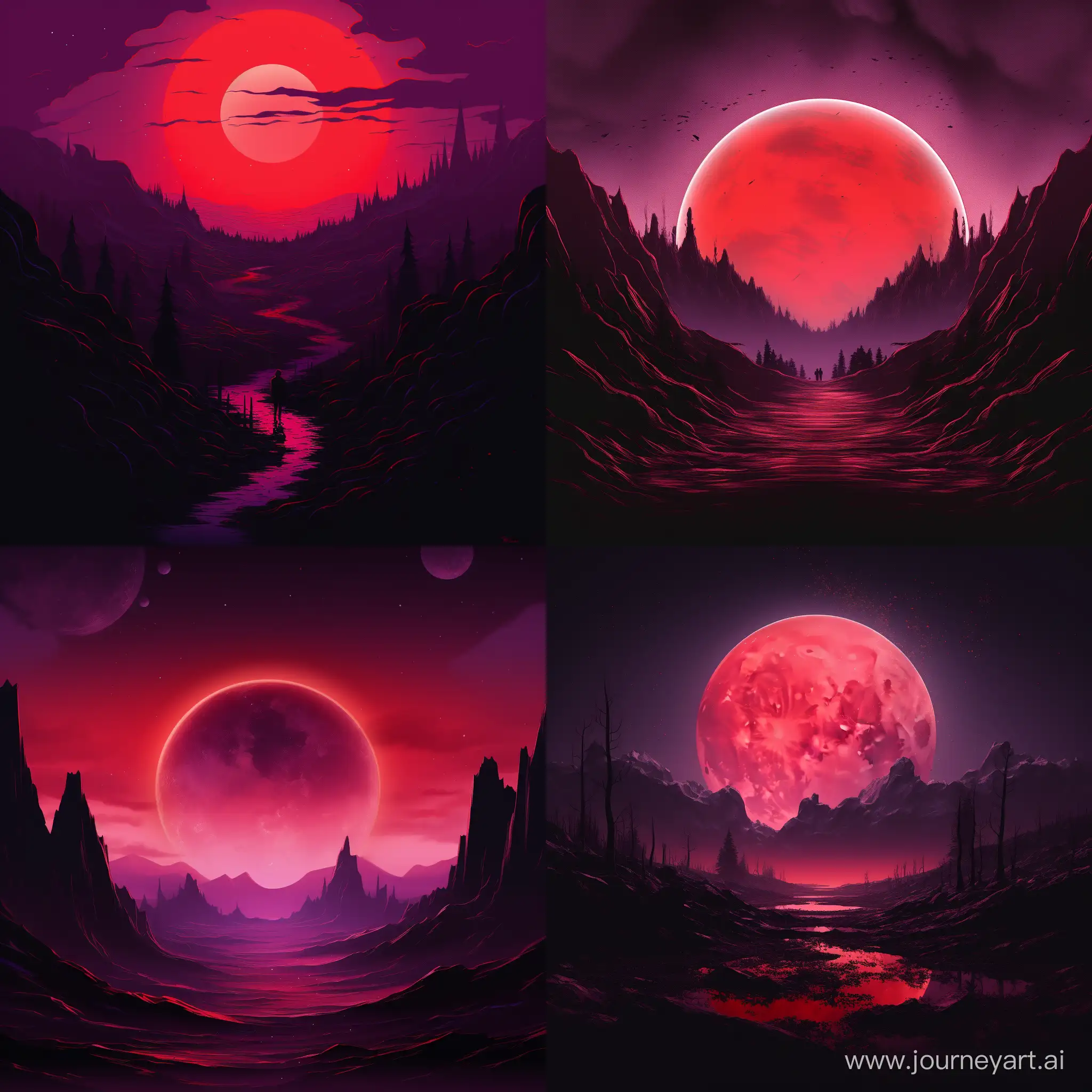 Dark and aesthetic movie themed Red/Purple colored background with the moon in the background.