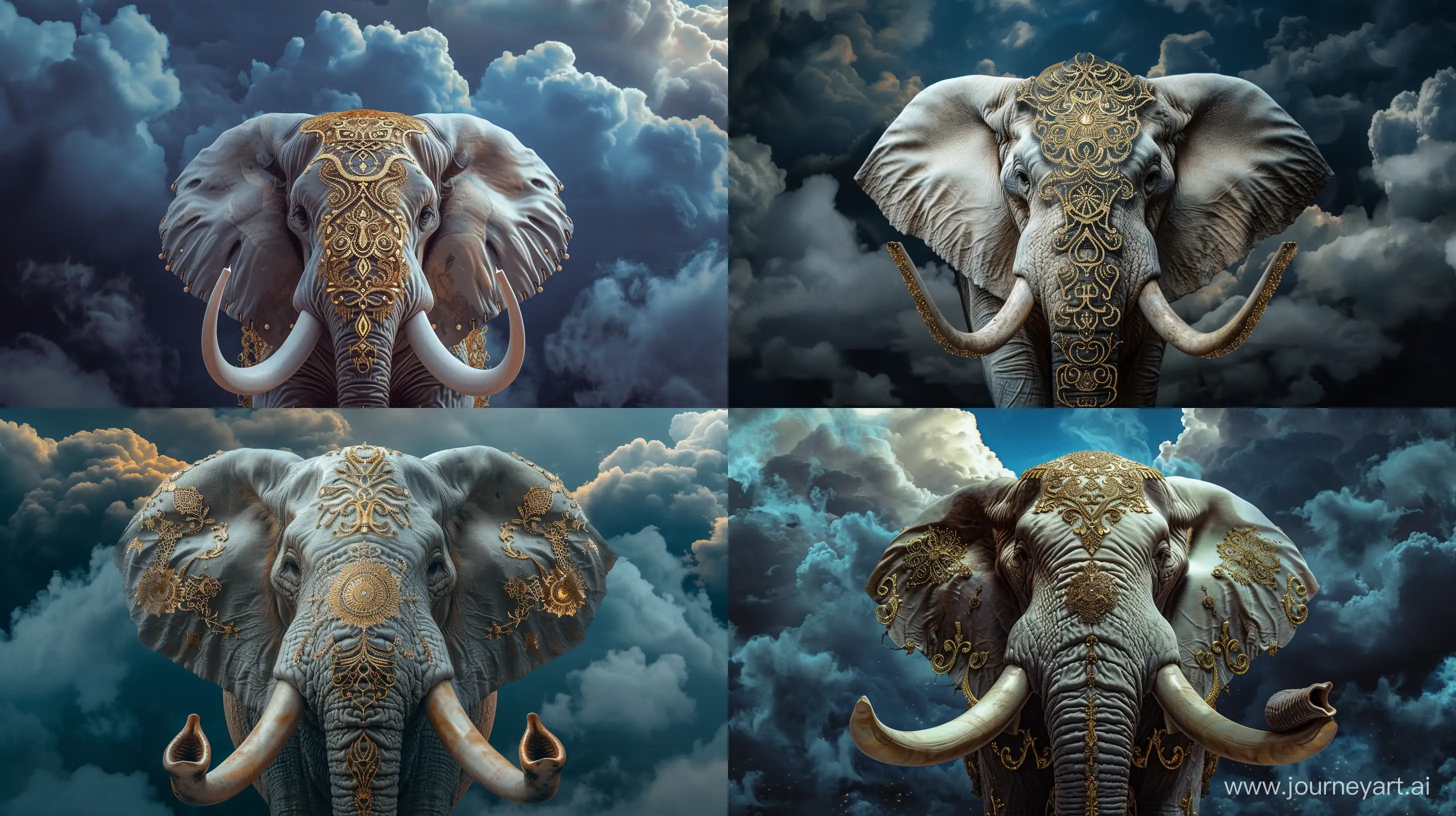 A majestically divine white elephant with four tusks. Elephant's trunk is adorned with golden filigree with intricate patterns. Dark blue clouds on the background cinematic lighting, highly detailed --ar 16:9 --style raw