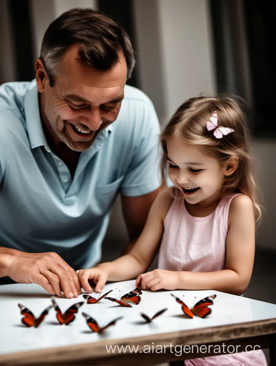 Father and little daughter together smiling and touching a very little butterfly on a table