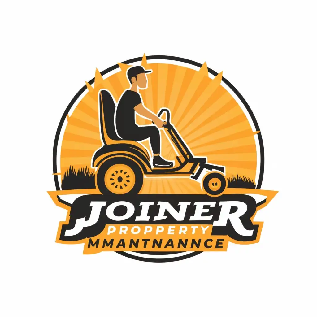 logo, A zero turn riding mower, driven by a 16 year old boy, with the text "Joiner Property Maintenance", typography
