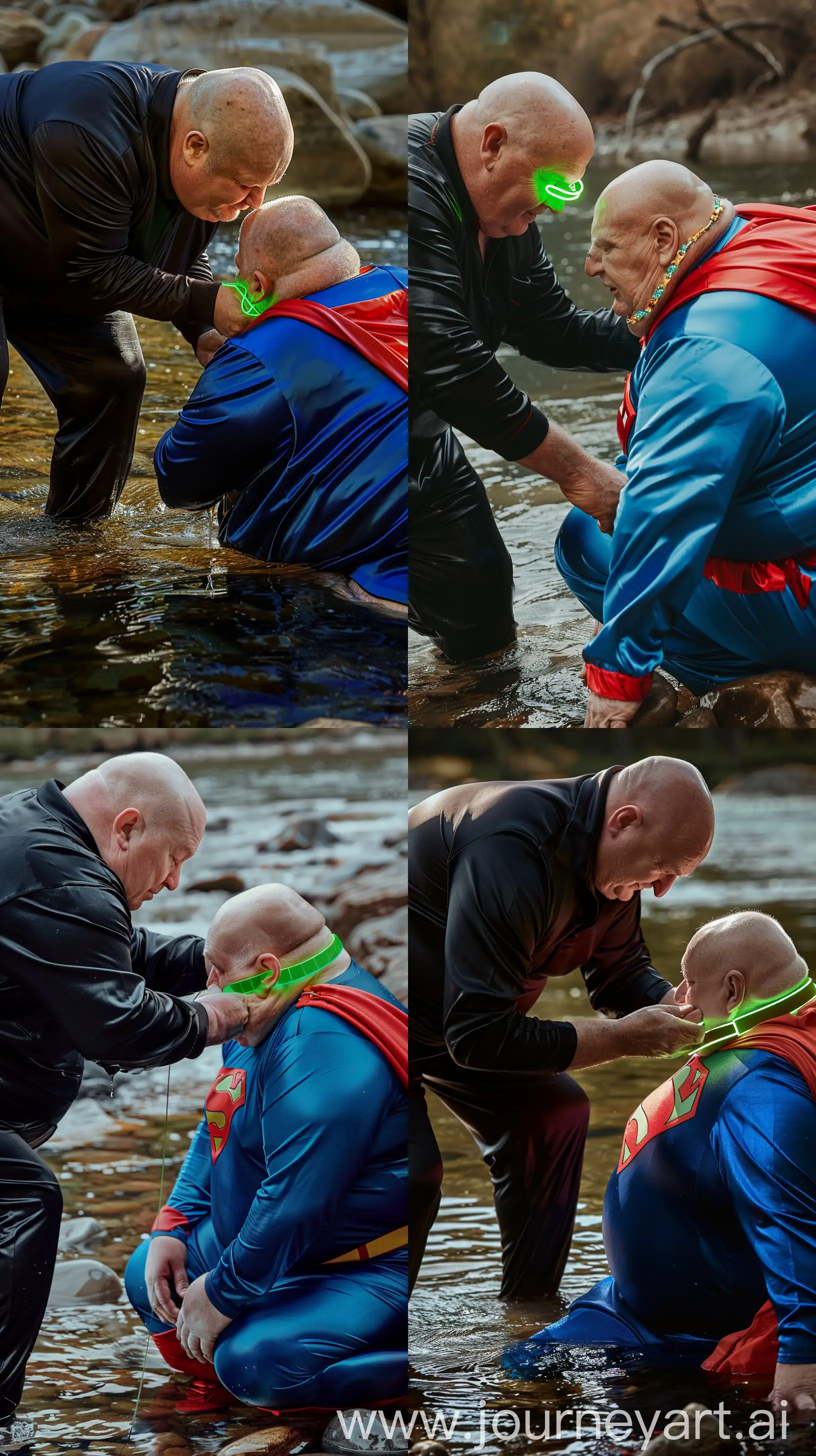 Close-up photo of two  fat men aged 60. The first man is wearing silk black tracksuit pants and a silk sport polo, bending and putting a tight green glowing neon dog collar on the nape of the second fat man aged 60 wearing a tight blue superman jumpsuit with a red cape sitting in the water. River. Bald. Clean Shaven. Natural light. --ar 9:16