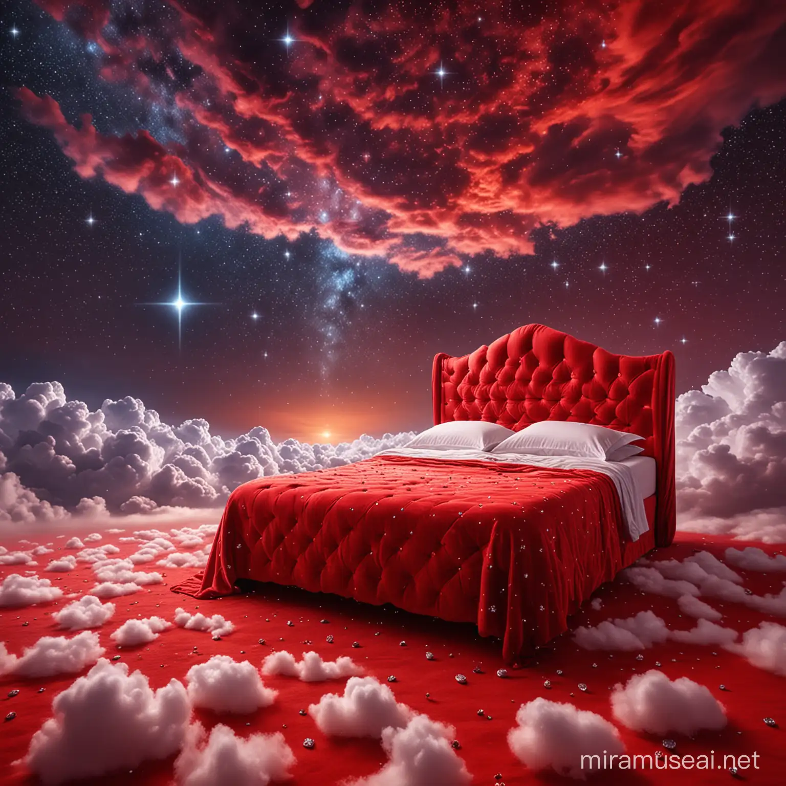 A beautiful, comfortable red bed covered all over with diamonds, among the stars in the sky with clouds