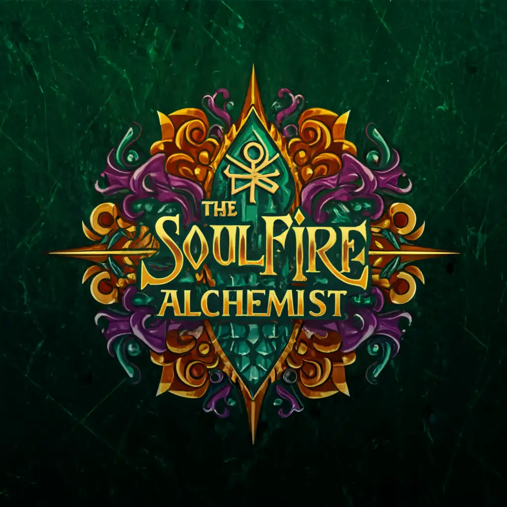 a logo design,with the text The Soulfire Alchemist, main symbol:Imagery Teal, gold, purple A mix of dynamic natural textures (flames, water, rough stone), figures in transformative poses (reaching upwards, breaking free), and subtle use of alchemical symbols. Subtlety is Key: Integrate alchemical references tastefully, avoiding anything too literal or cliché.,Moderate,be used in Entertainment industry,clear background