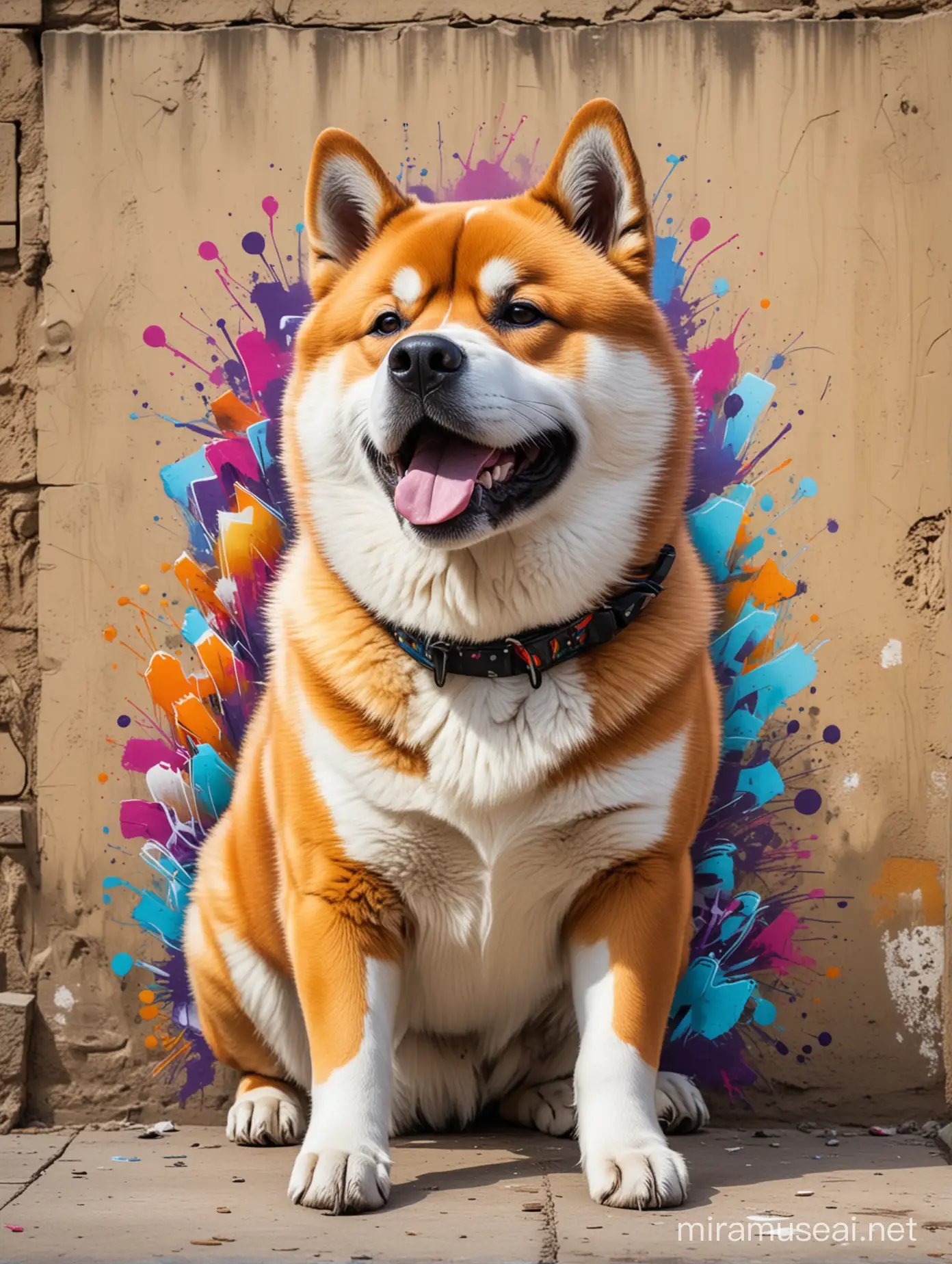 art movement focused on emotional impact through free-flowing shapes and colors, often without depicting real objects,
Create a graffiti of a happy Akita Inu dog on the foreground, colorful graffiti art, on a wall, rustic background, graffiti art style