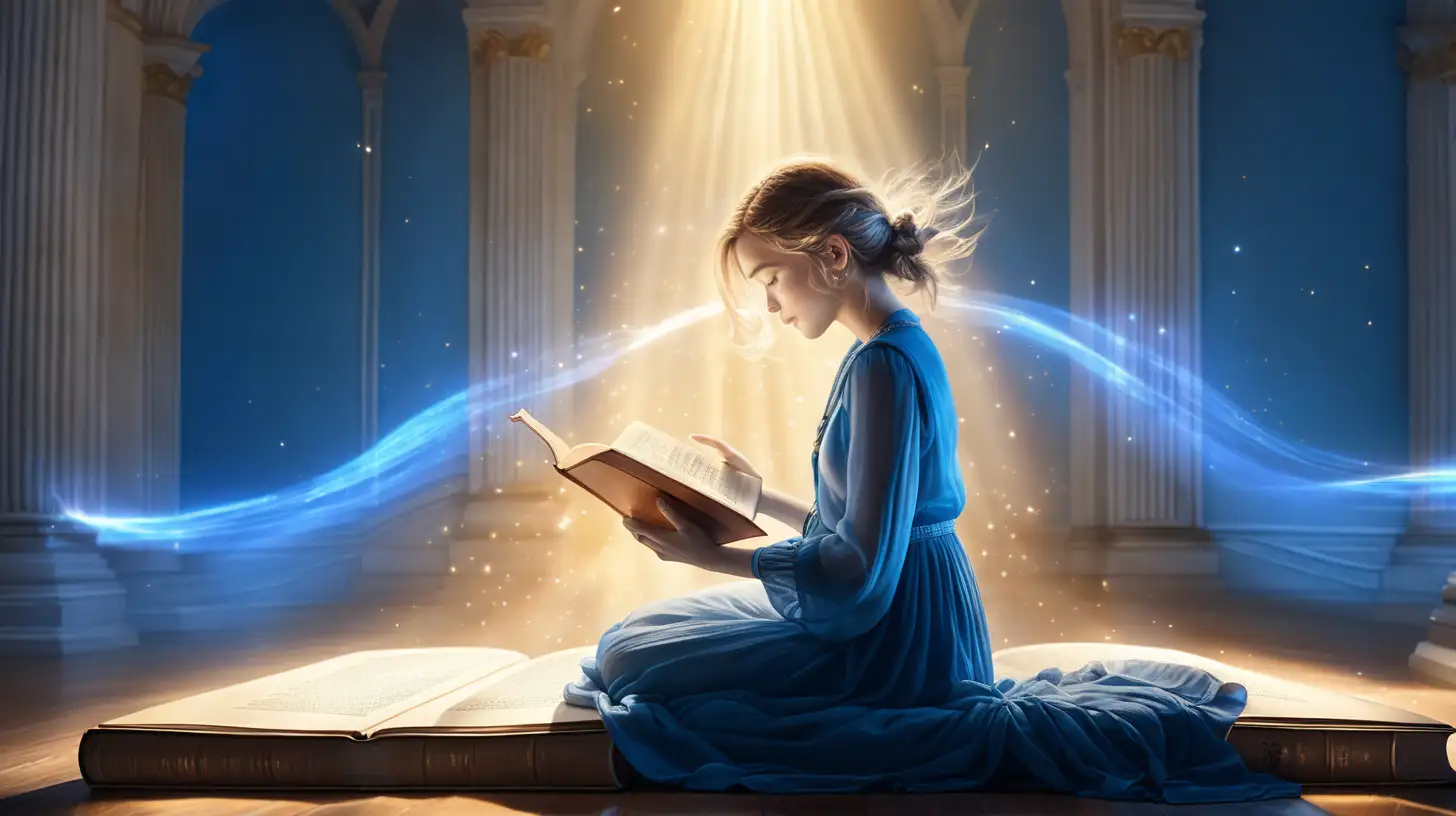 一个女性坐在书上看书，有动感光线，很炫丽的光射效果，有追光的感觉。大气磅礴的感觉。蓝色主色。
